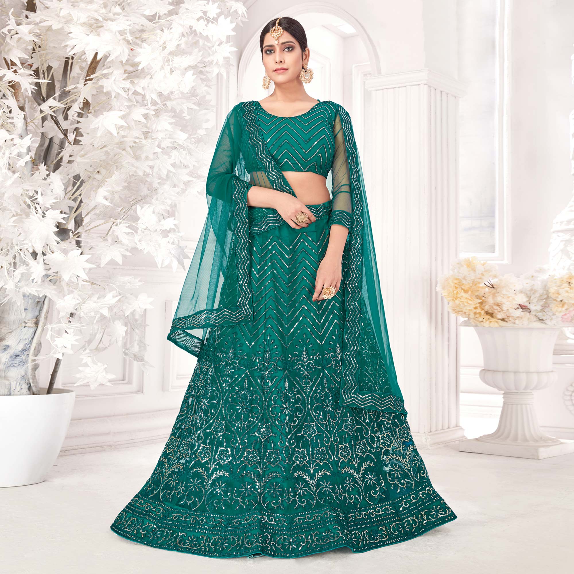 Rama Green Sequins Embroidered Netted Lehenga Choli