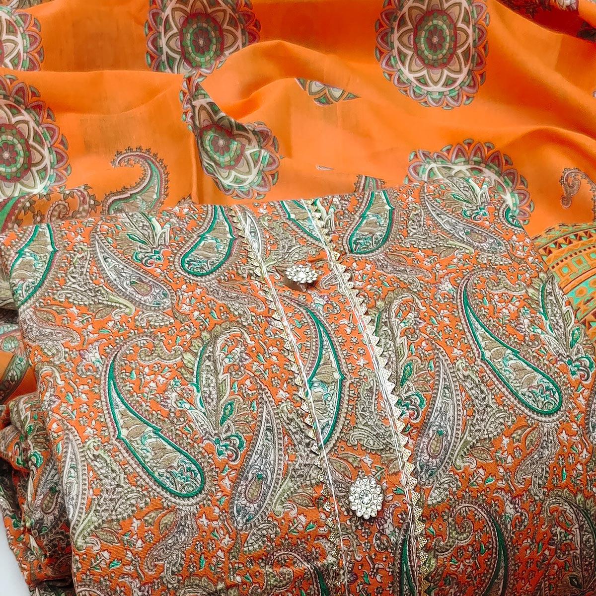 Orange Printed Cotton Blend Dress Material
