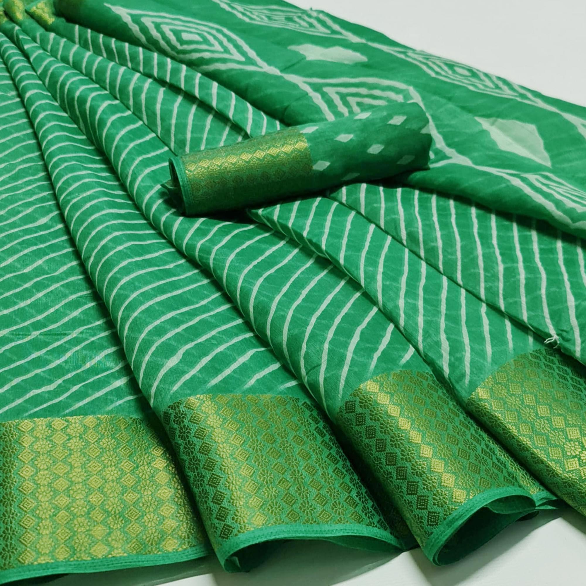 Green Striped Printed Linen Saree