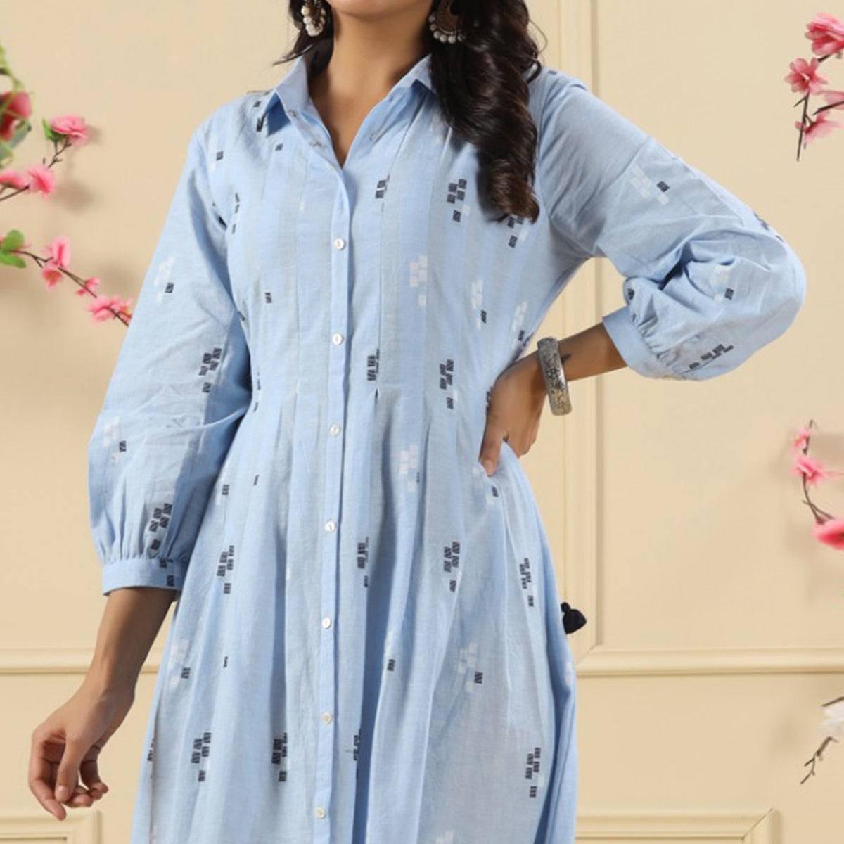 Light Blue Printed Pure Cotton Dress