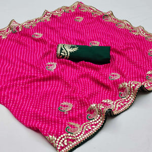 Pink Printed With Gota Work Georgette Saree