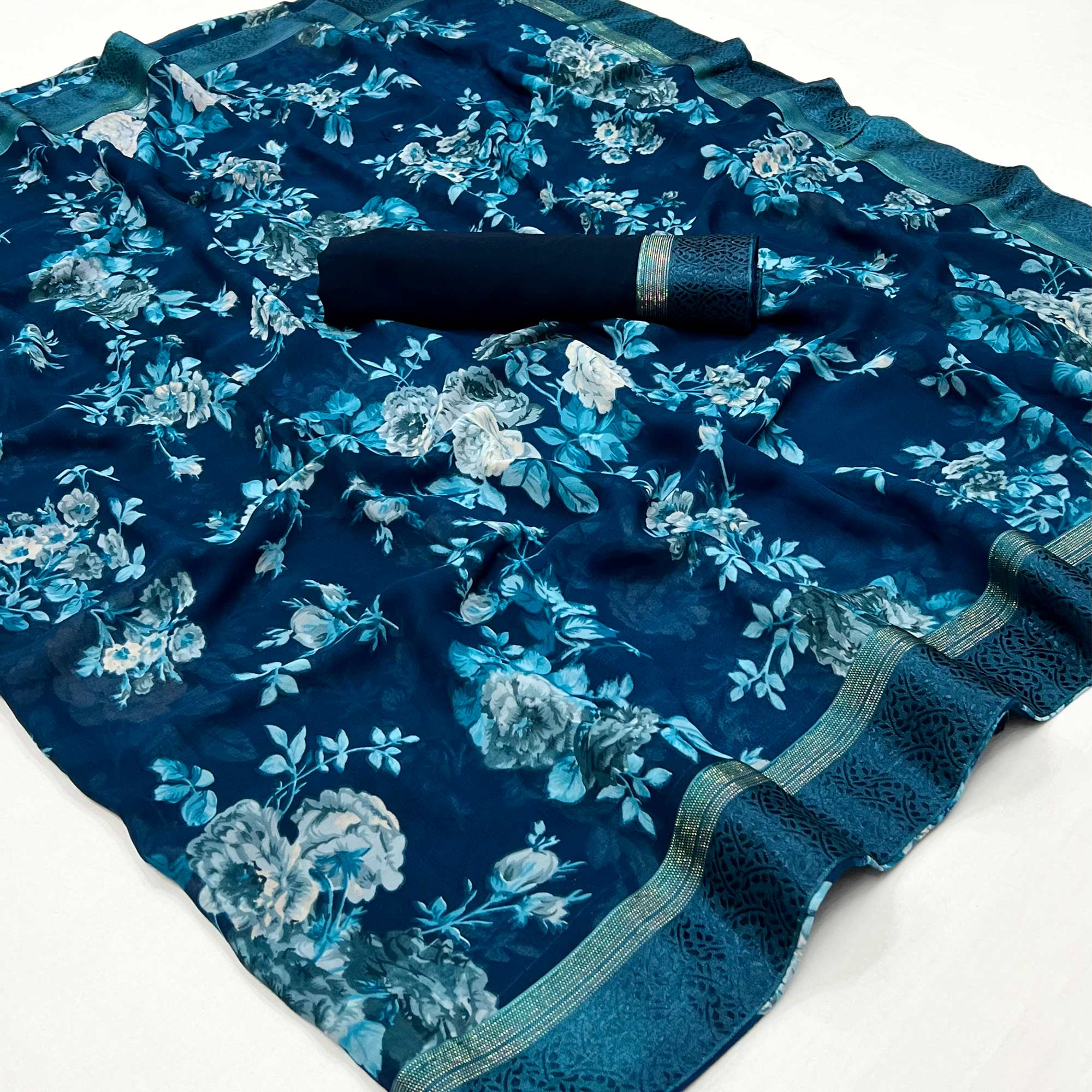 Blue Floral Printed Georgette Saree
