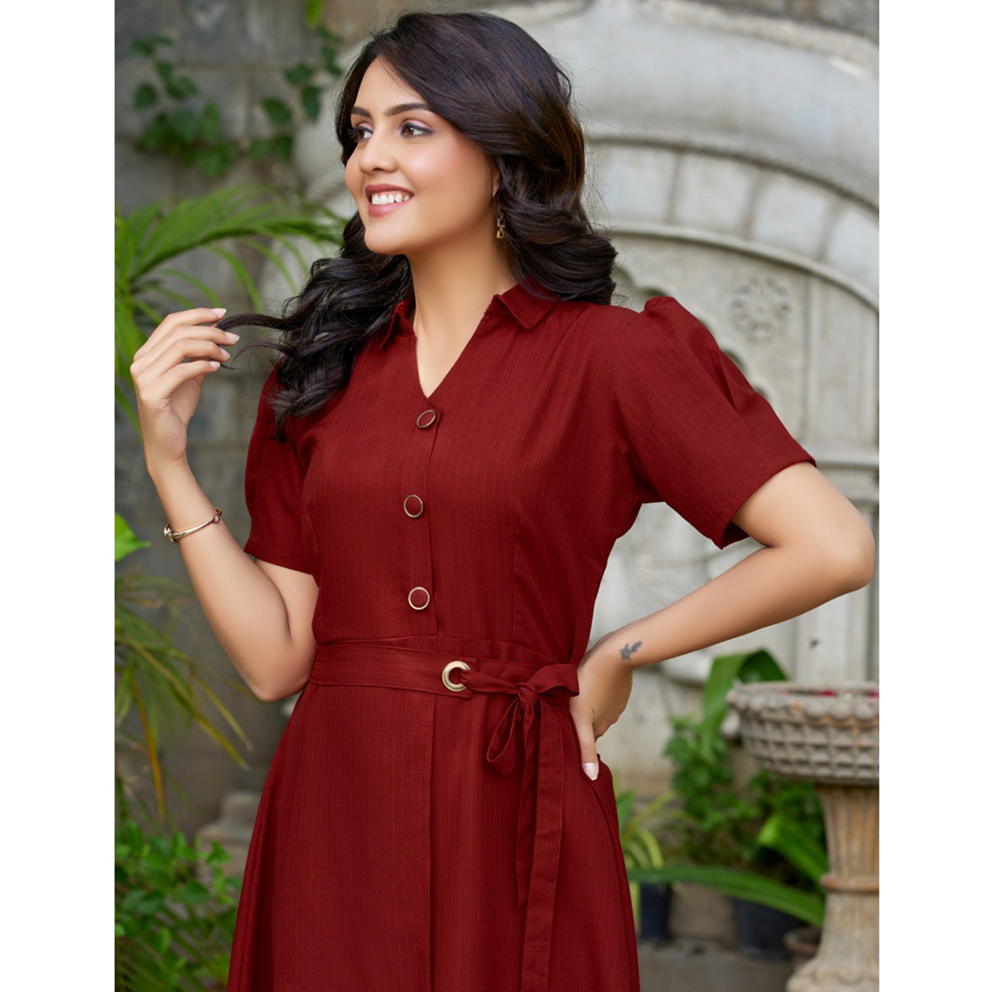 Maroon Solid Cotton Dress