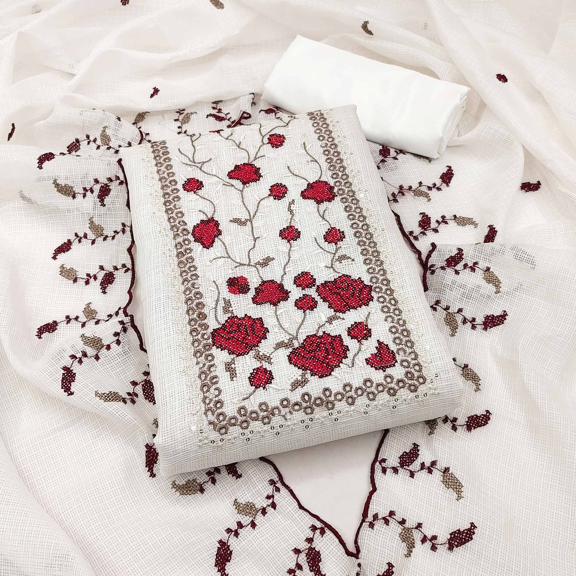 White & Red Floral Embroidered Kota Doria Dress Material