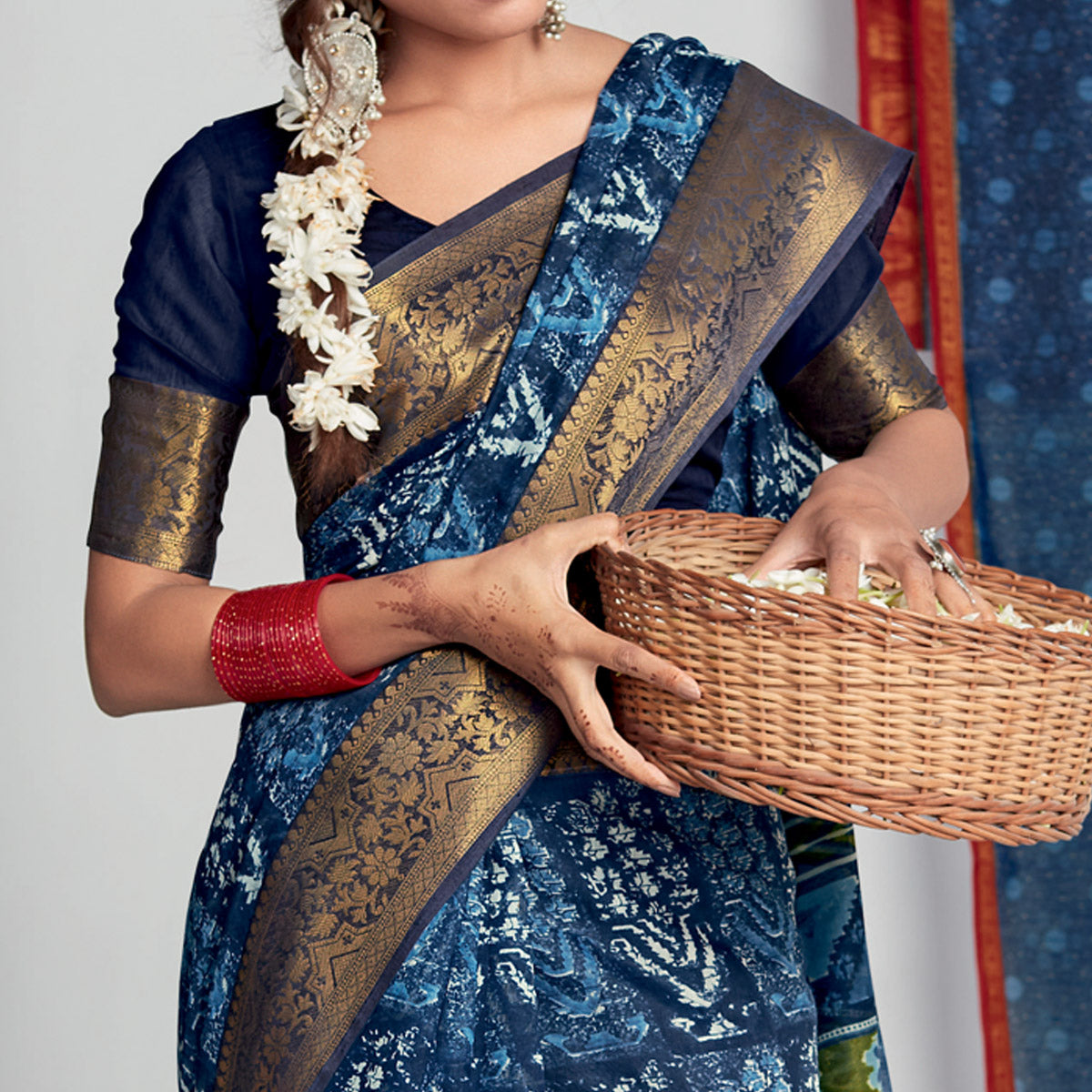 Blue Printed With Woven Border Cotton Blend Saree