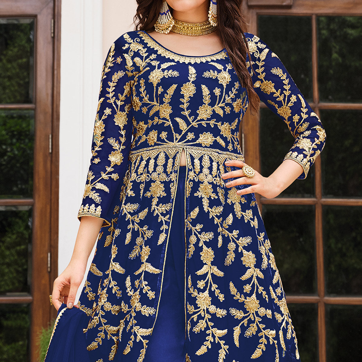 Blue Floral Embroidered Net Suit