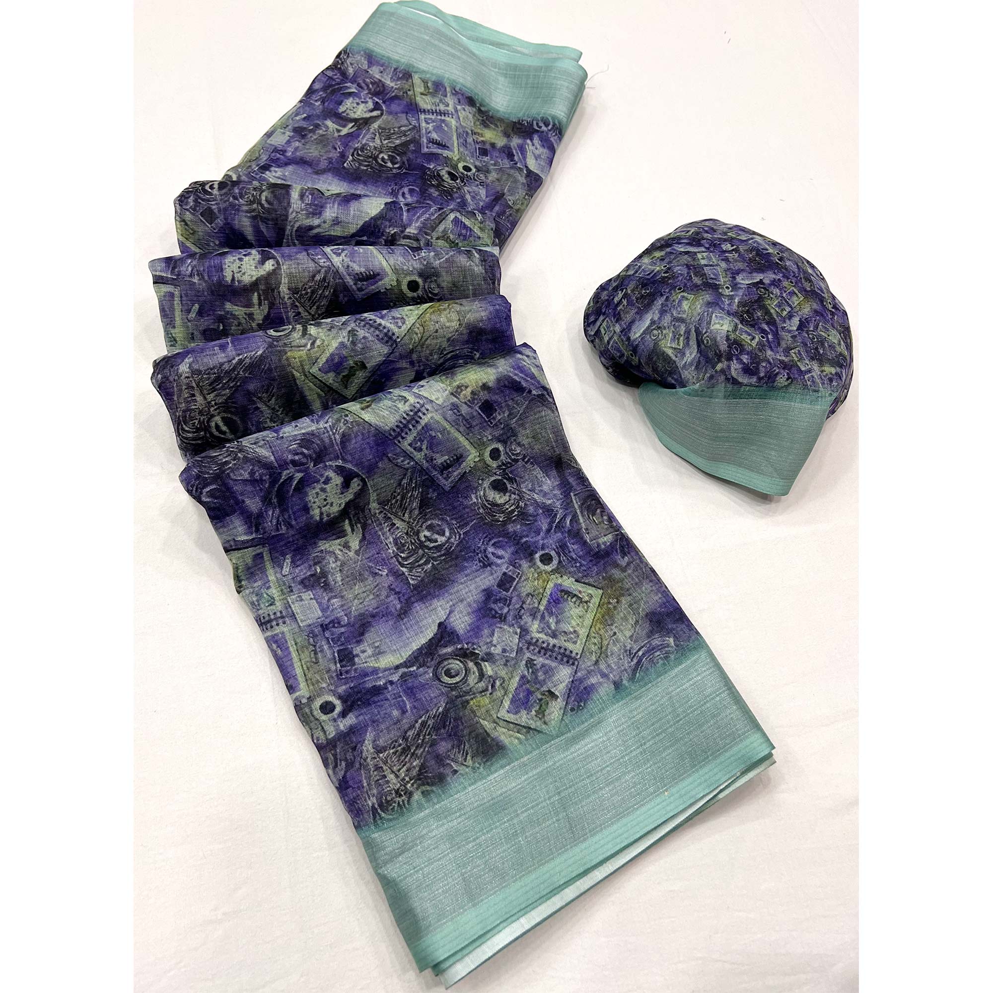 Blue Digital Printed Linen Saree