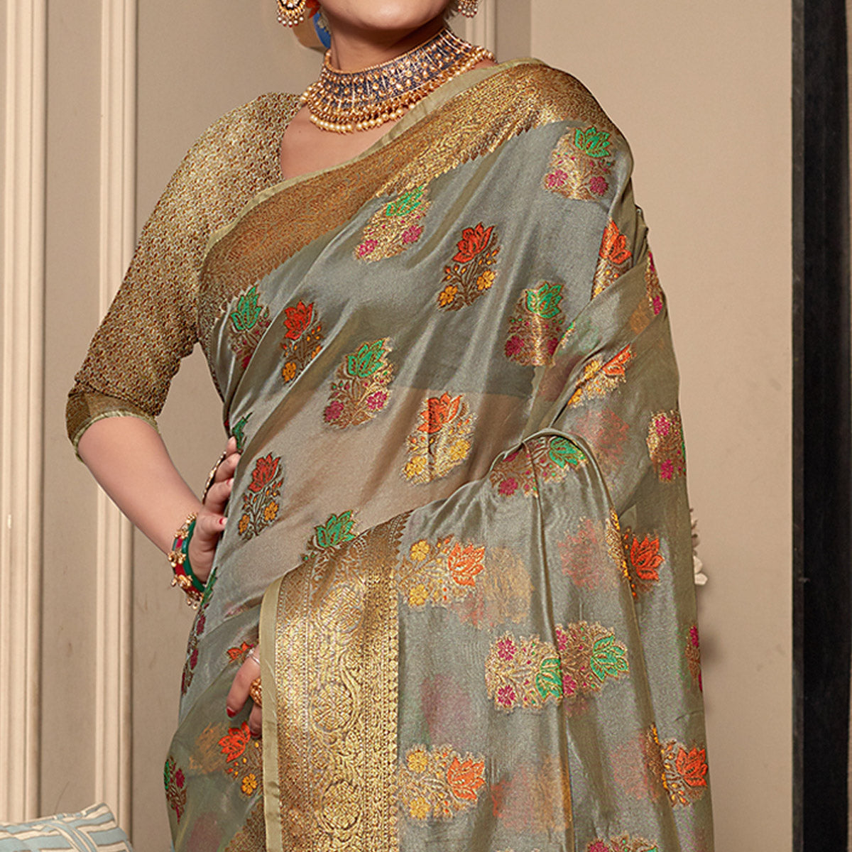 Grey Floral Woven Organza Saree