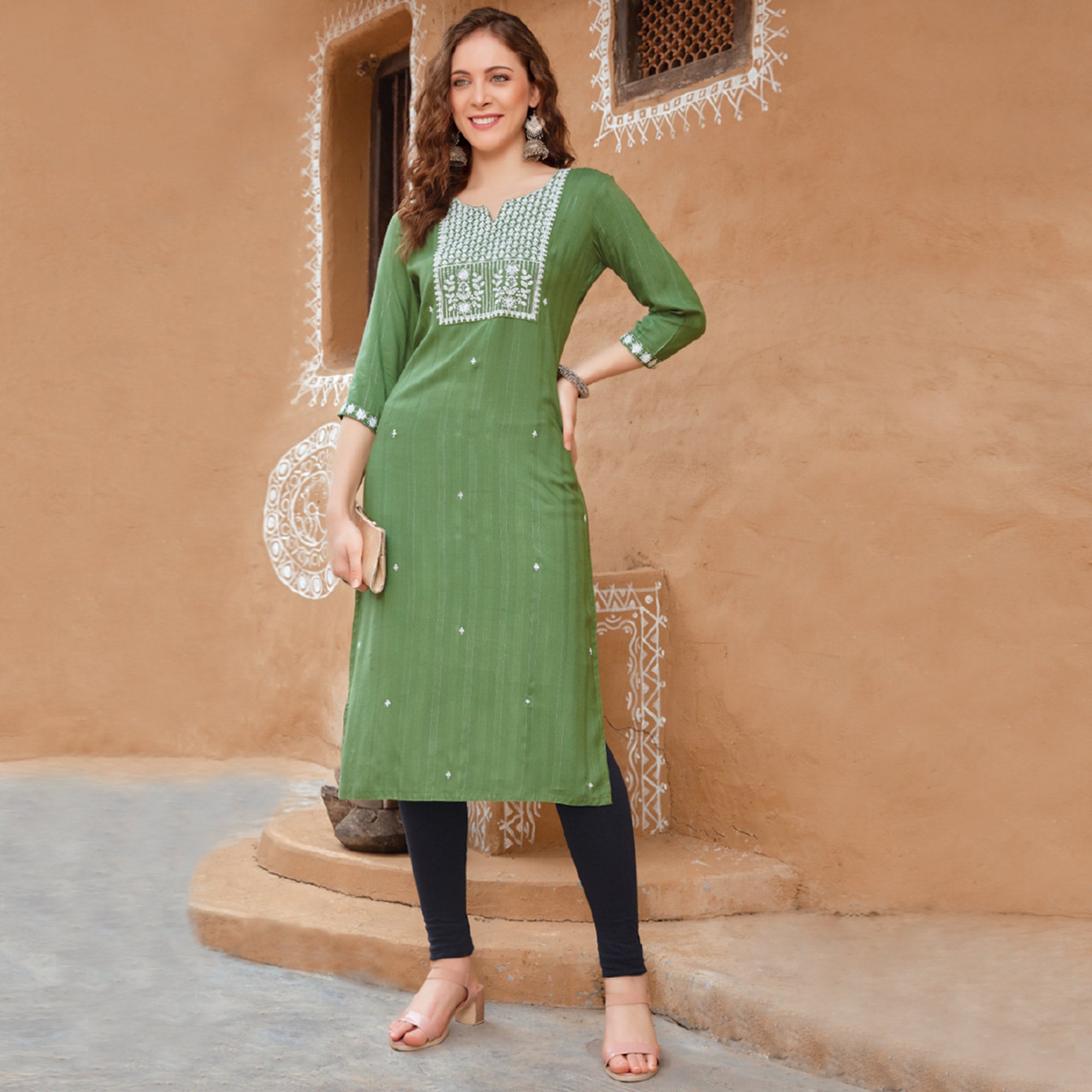 Green Floral Embroidered Rayon Kurti