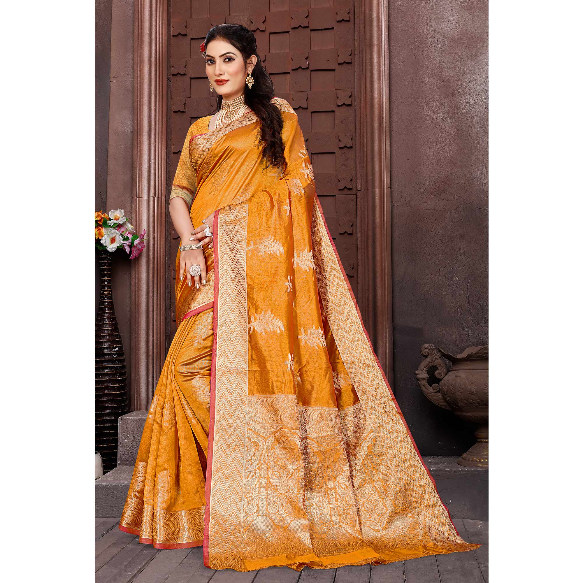 Mustard Floral Woven Organza Saree