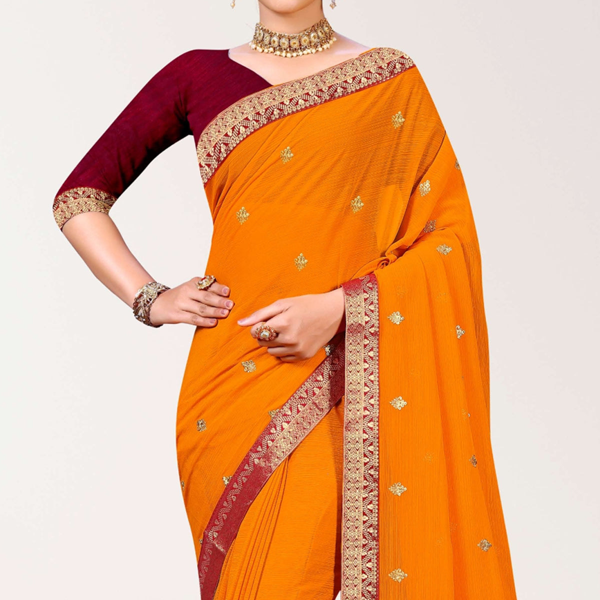 Orange Embroidered Chiffon Saree