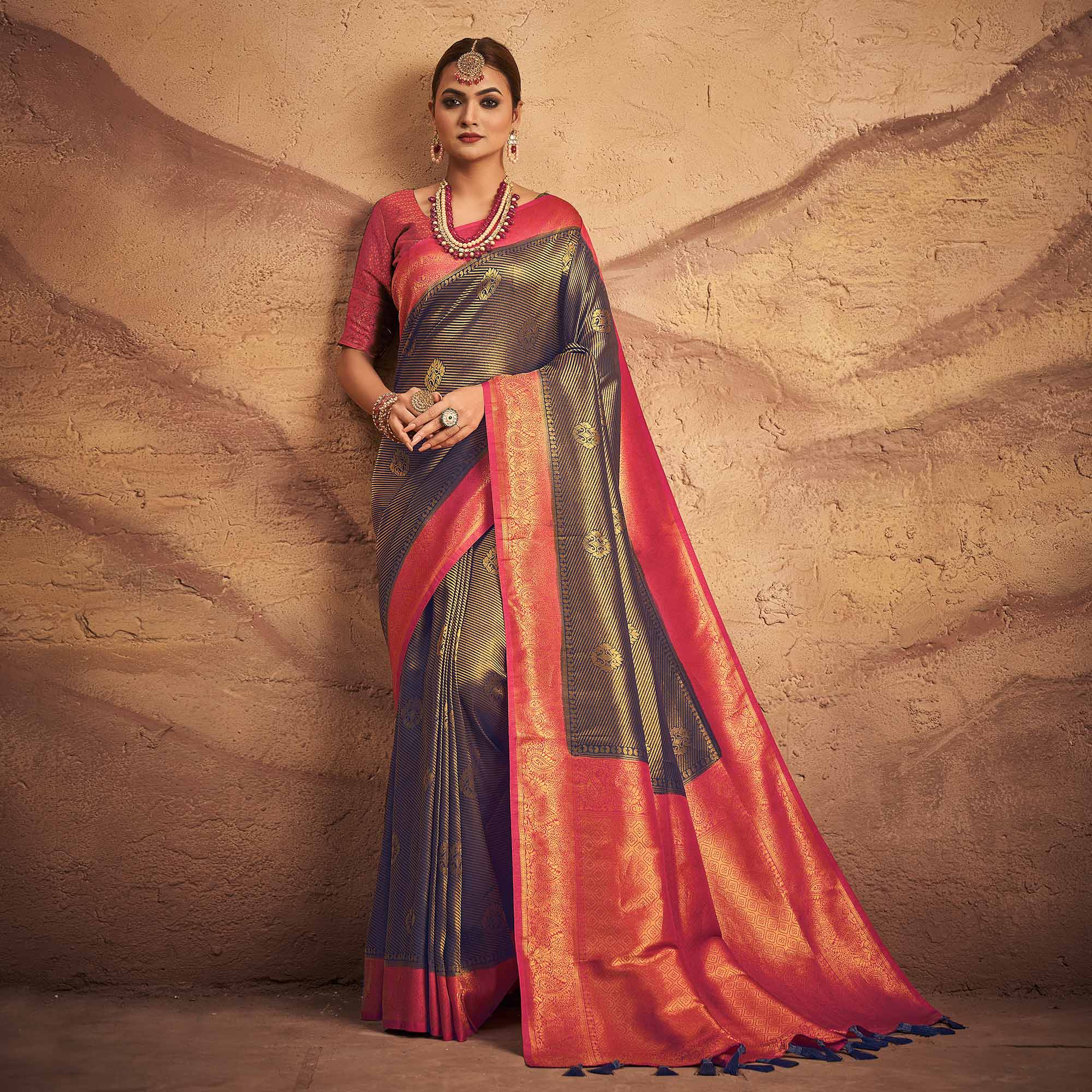 Navy Blue Woven Art Silk Saree With Tassels