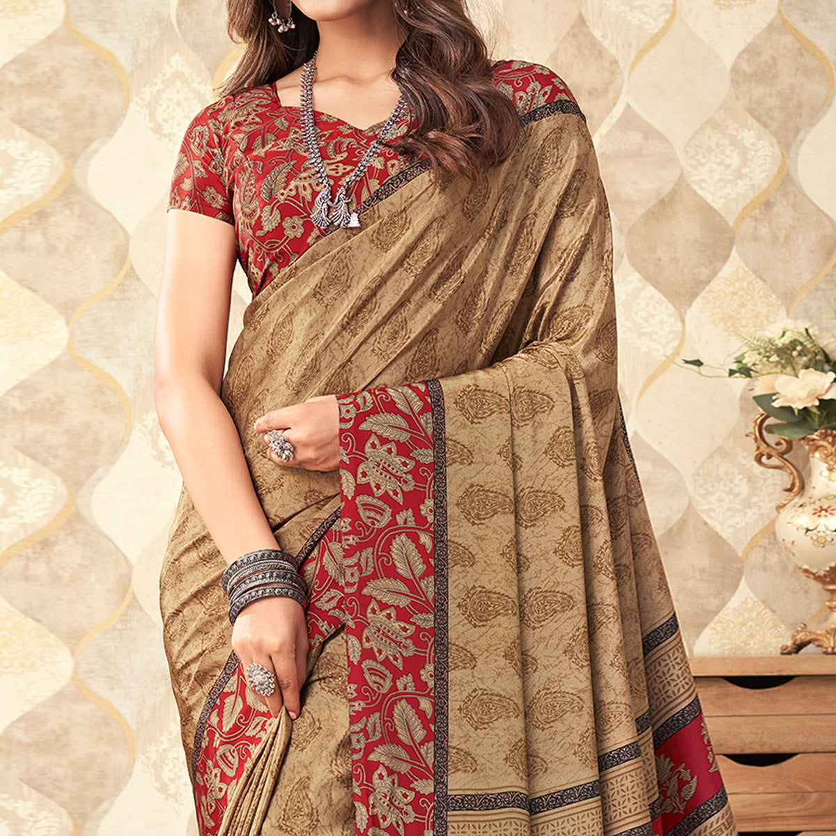 Beige Printed Crepe Saree