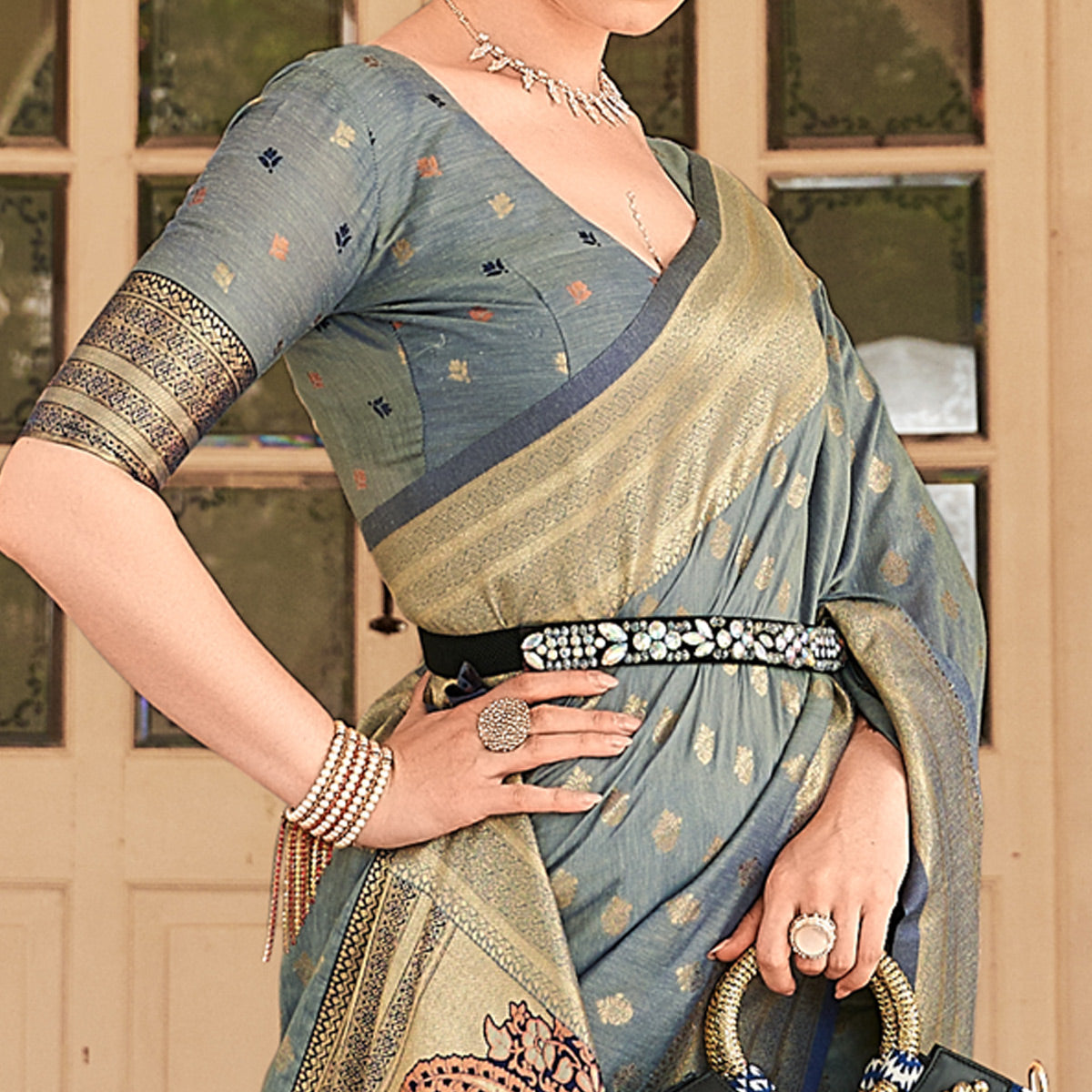 Grey Woven Cotton Silk Saree