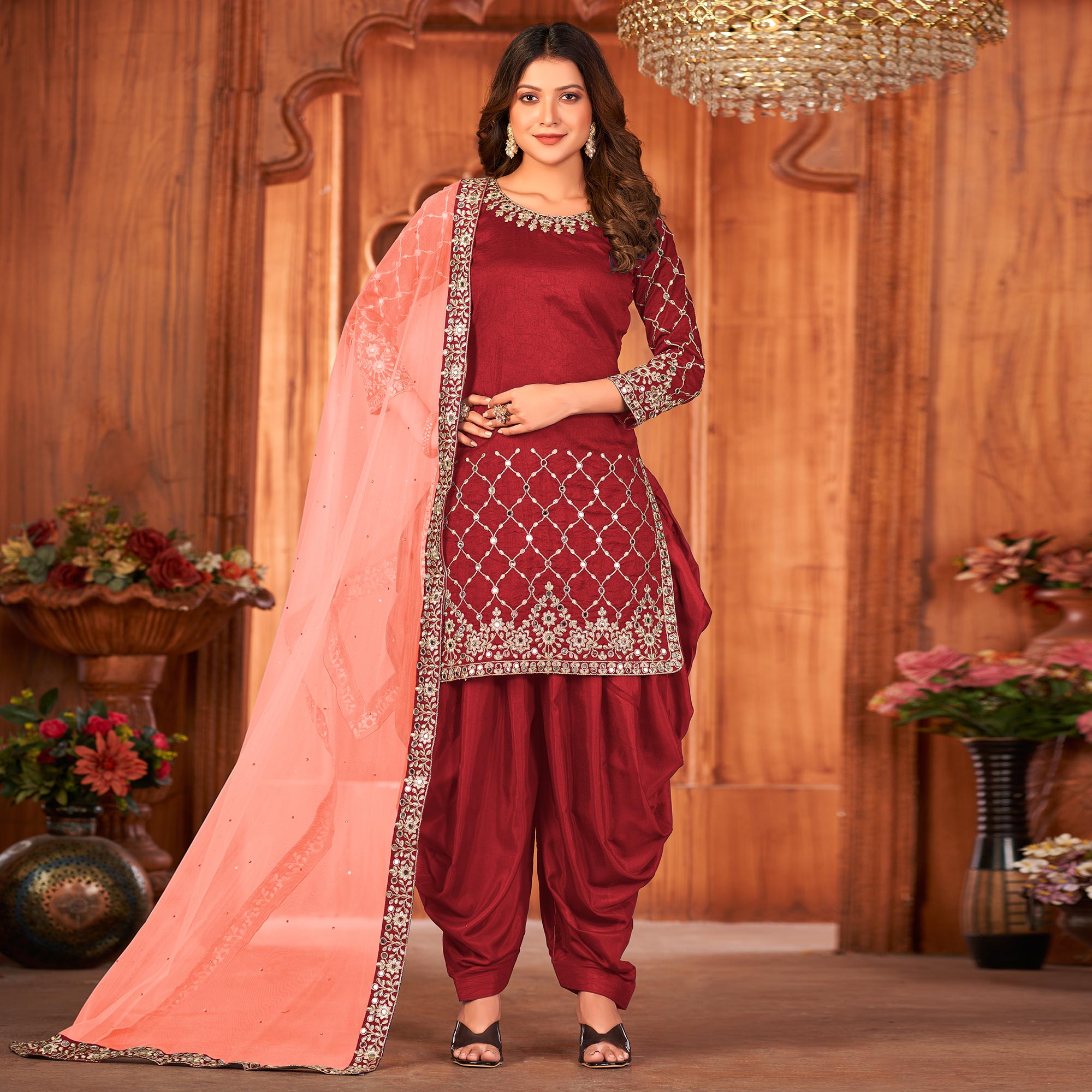 Red Embroidered Art Silk Patiala Suit