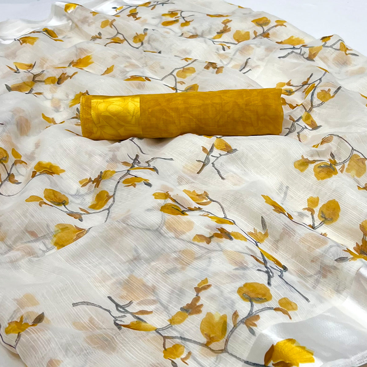 White Mustard Floral Printed Linen Saree