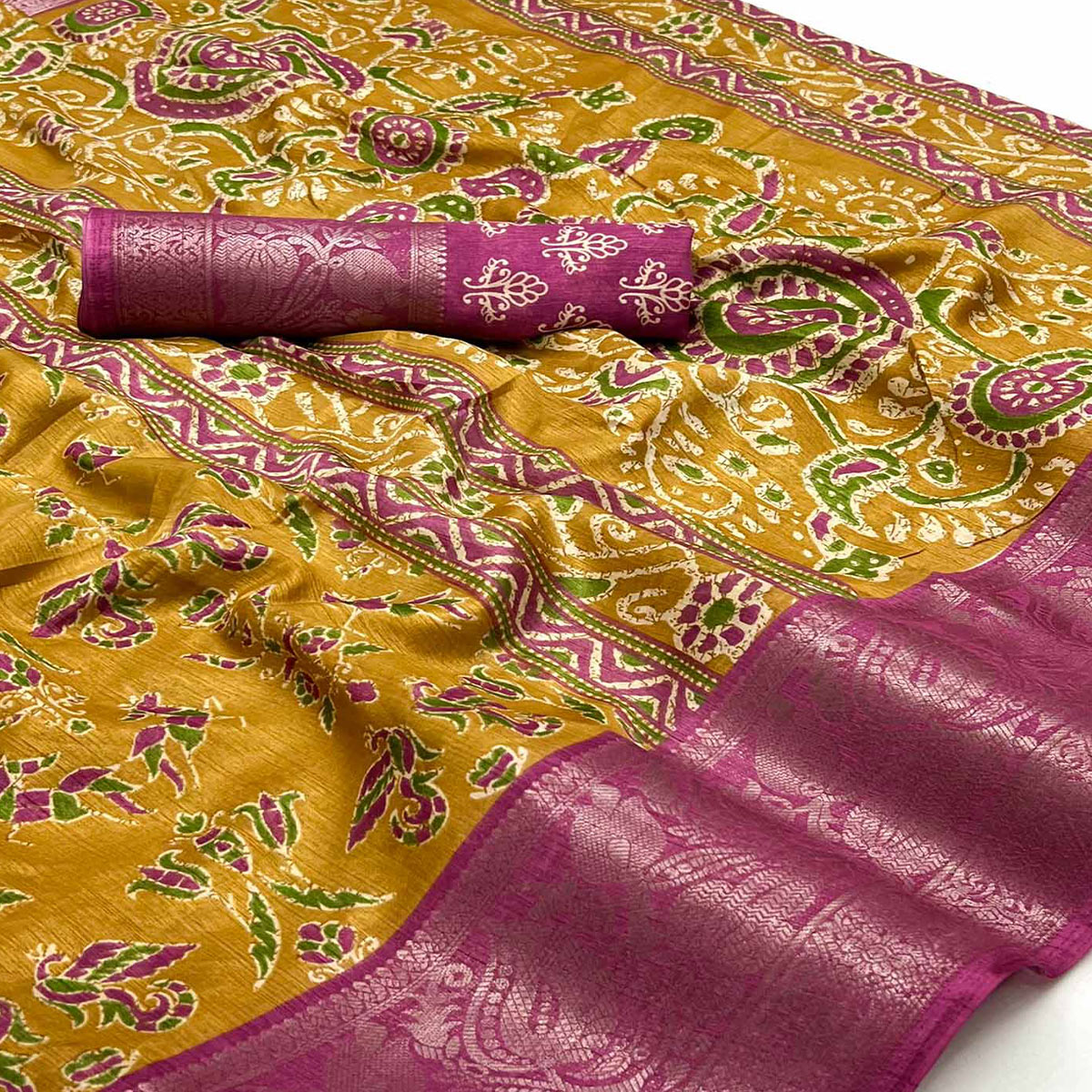 Mustard Blue Printed With Woven Border Dola Silk Saree