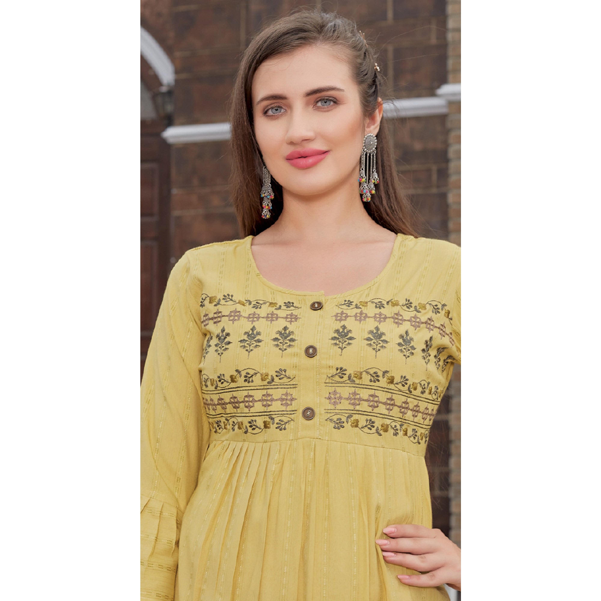 Mehendi Green Floral Embroidered Rayon Naira Cut Kurti