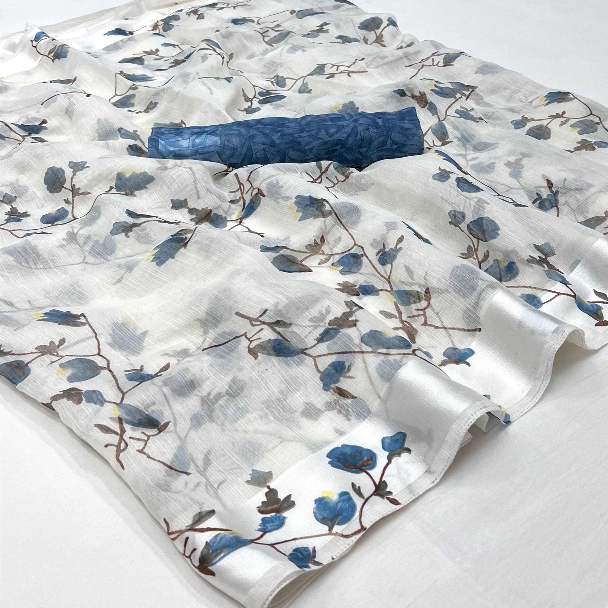 White Navy Blue Floral Printed Linen Saree