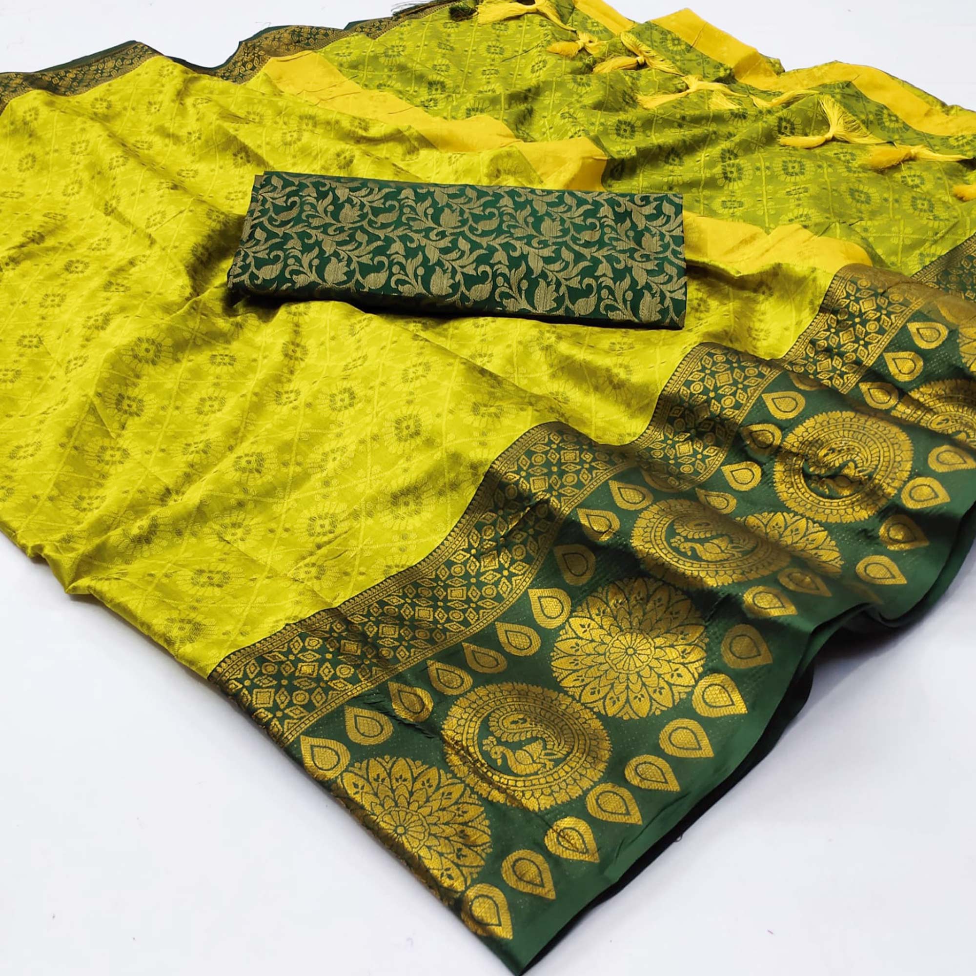 Lemon Green Woven Cotton Silk Saree With Tassels