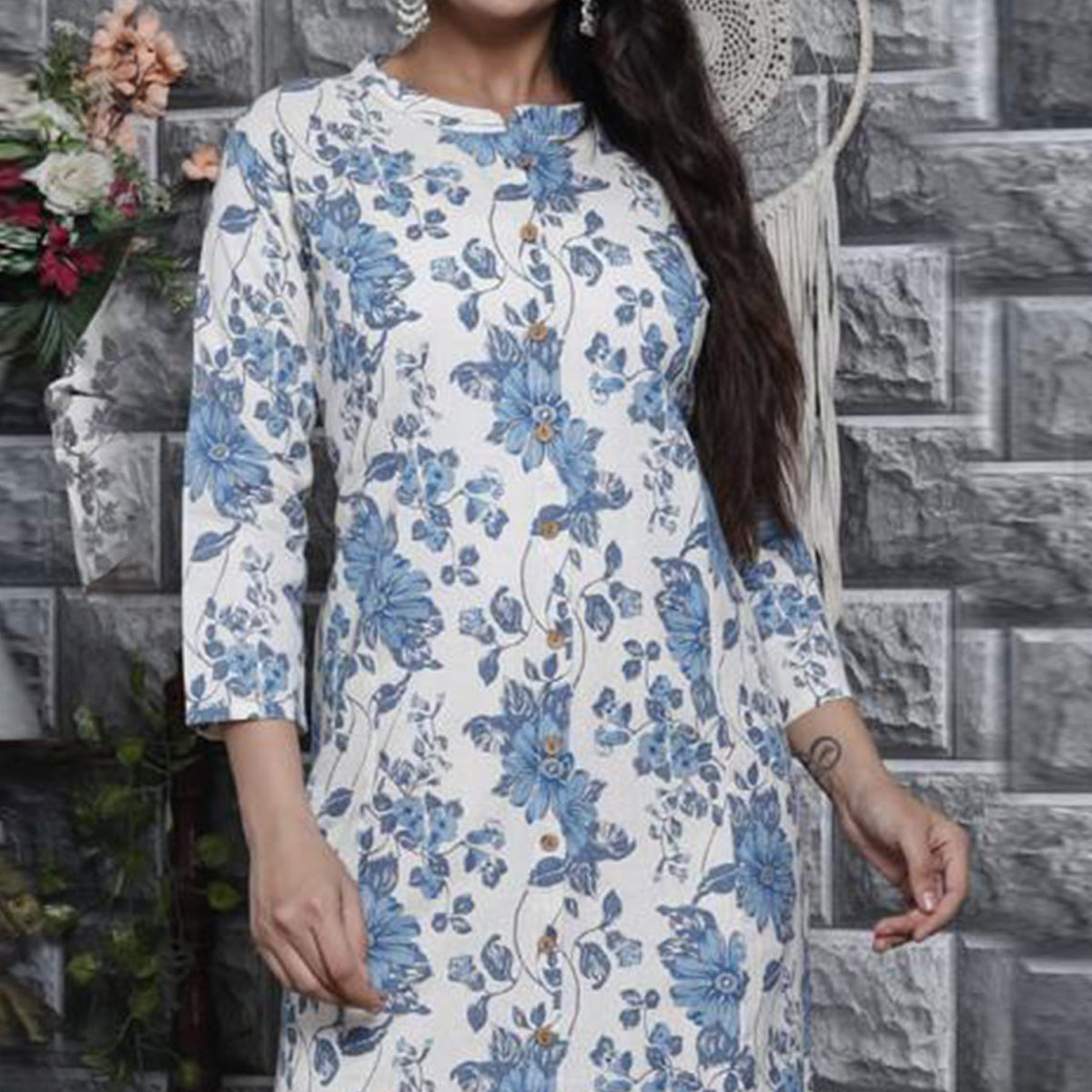 White Blue Floral Printed Cotton Kurti