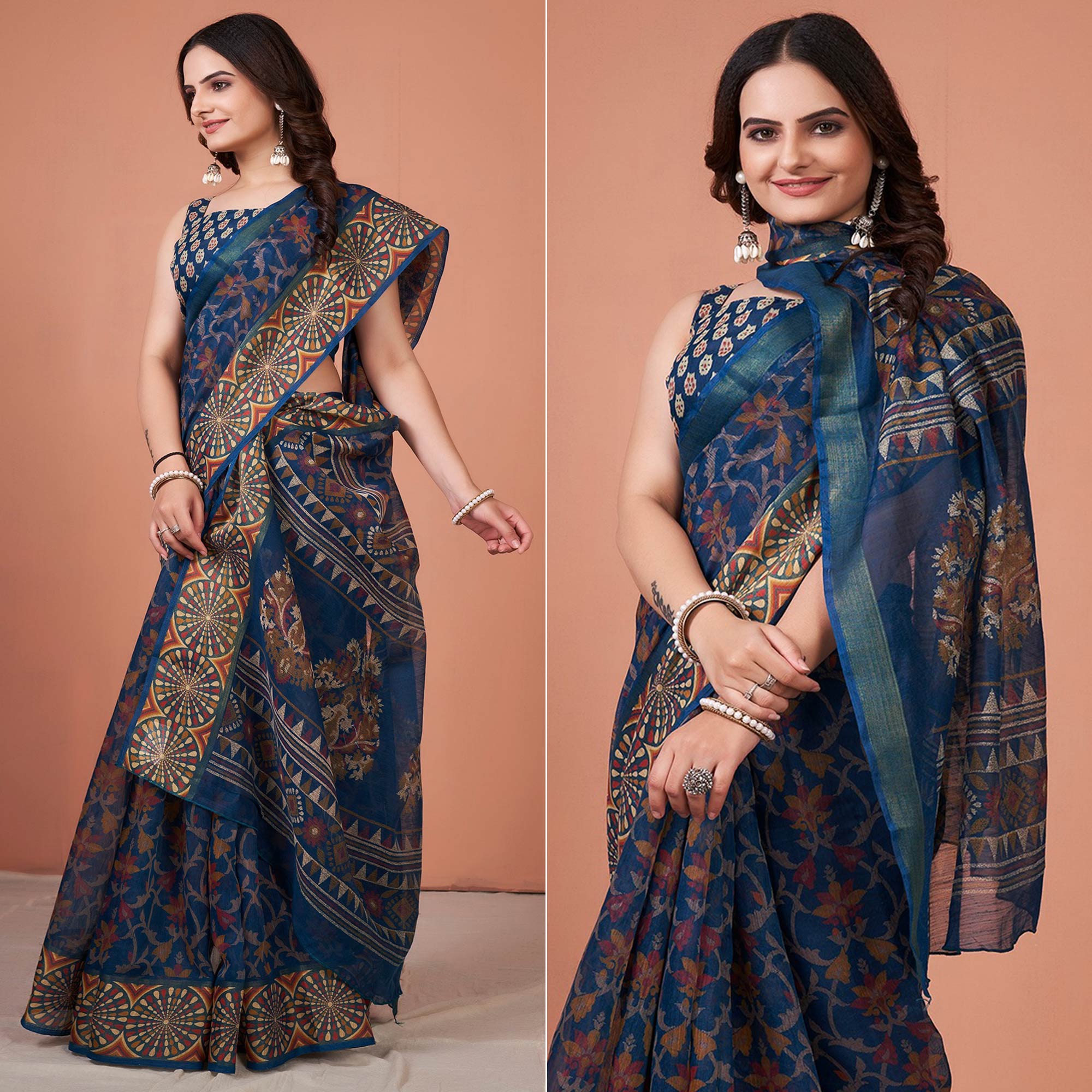 Navy Blue Printed Cotton Saree With Tassels