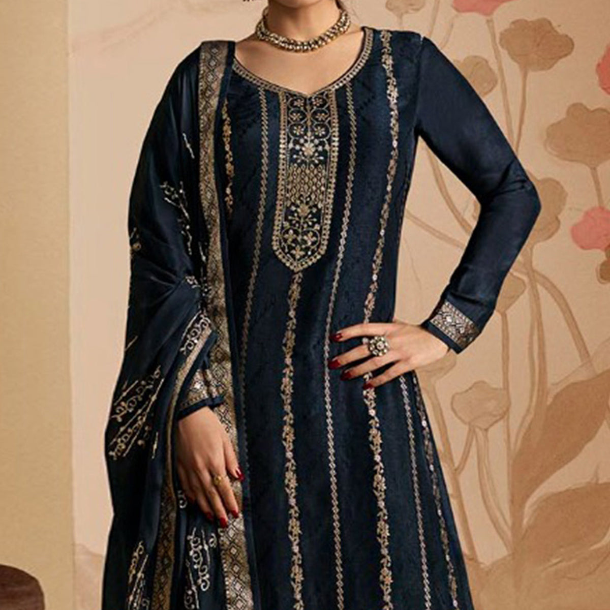 Navy Blue Woven And Embroidered Dola Silk Palazzo Suit