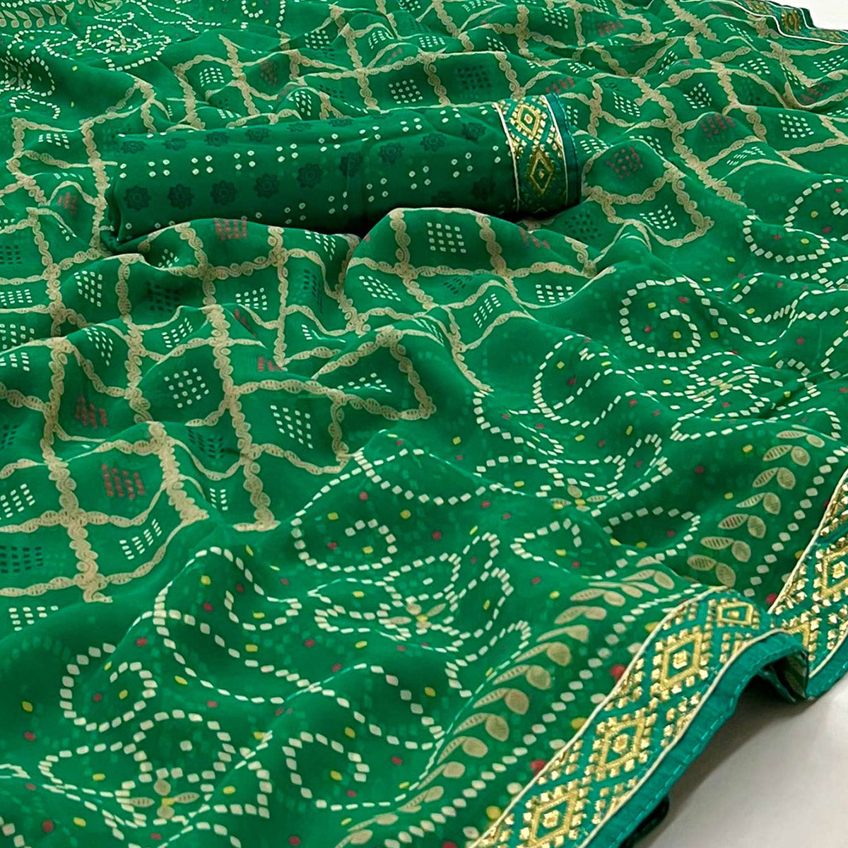 Green Bandhani Printed Georgette Saree With Designer Border