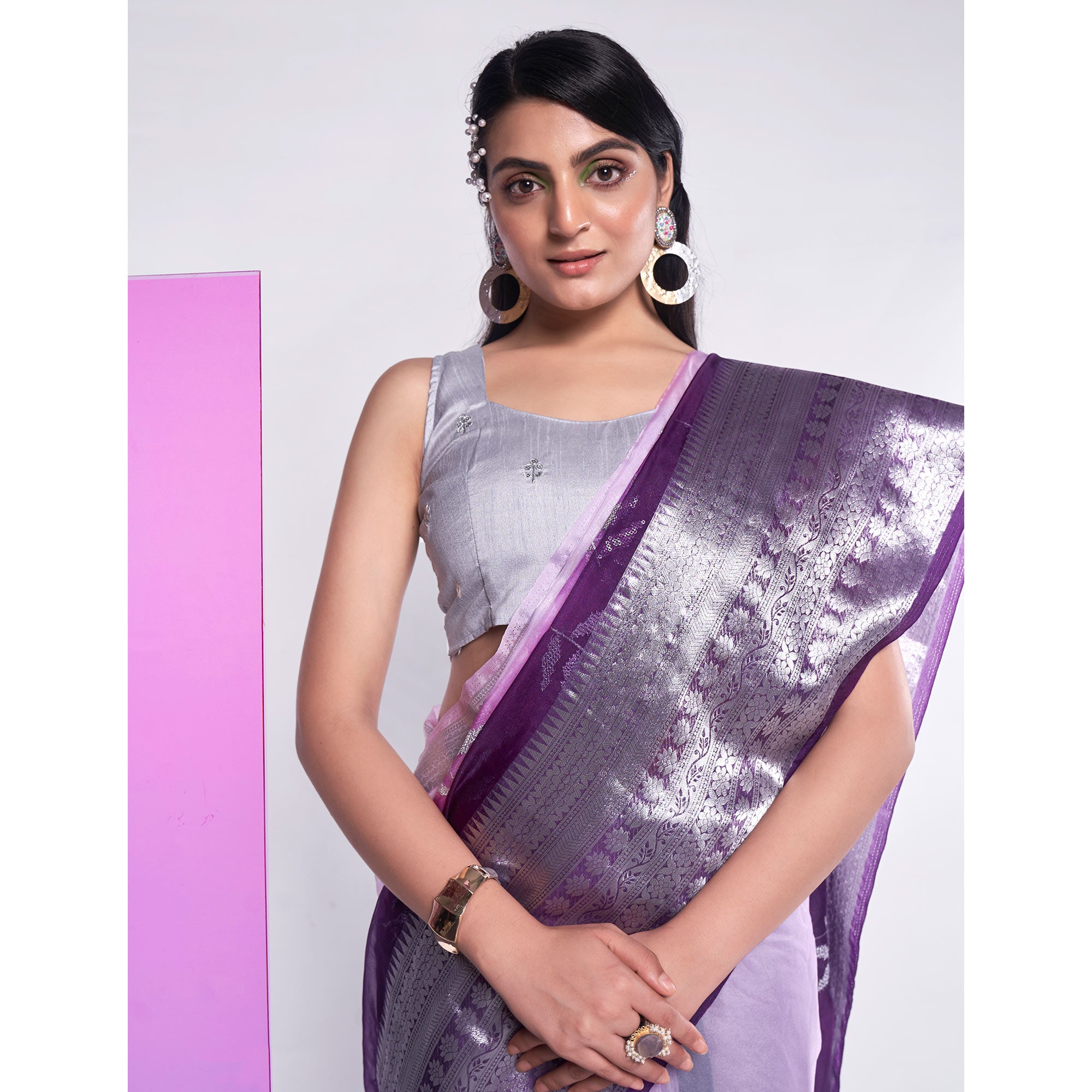 Purple & Light Pink Sequins Embroidered Organza Saree