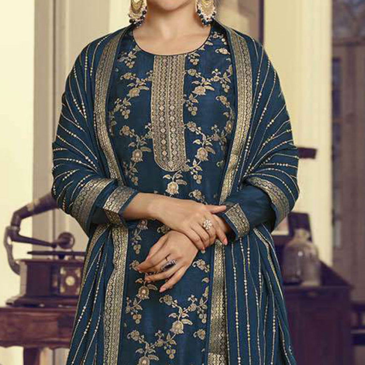 Teal Blue Embroidered Dola Silk Palazzo Suit