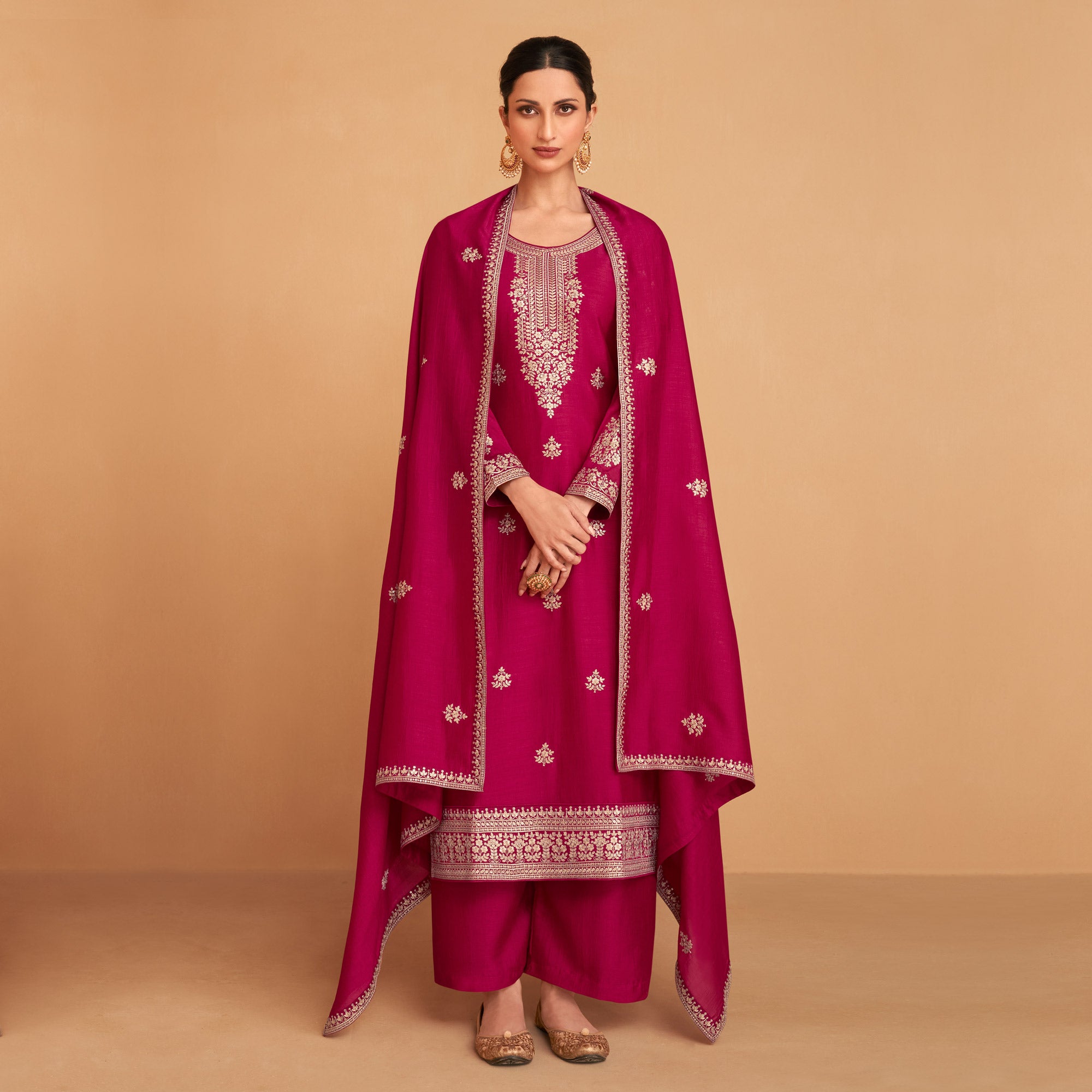 Magenta Pink Embroidered Art Silk Palazzo Suit