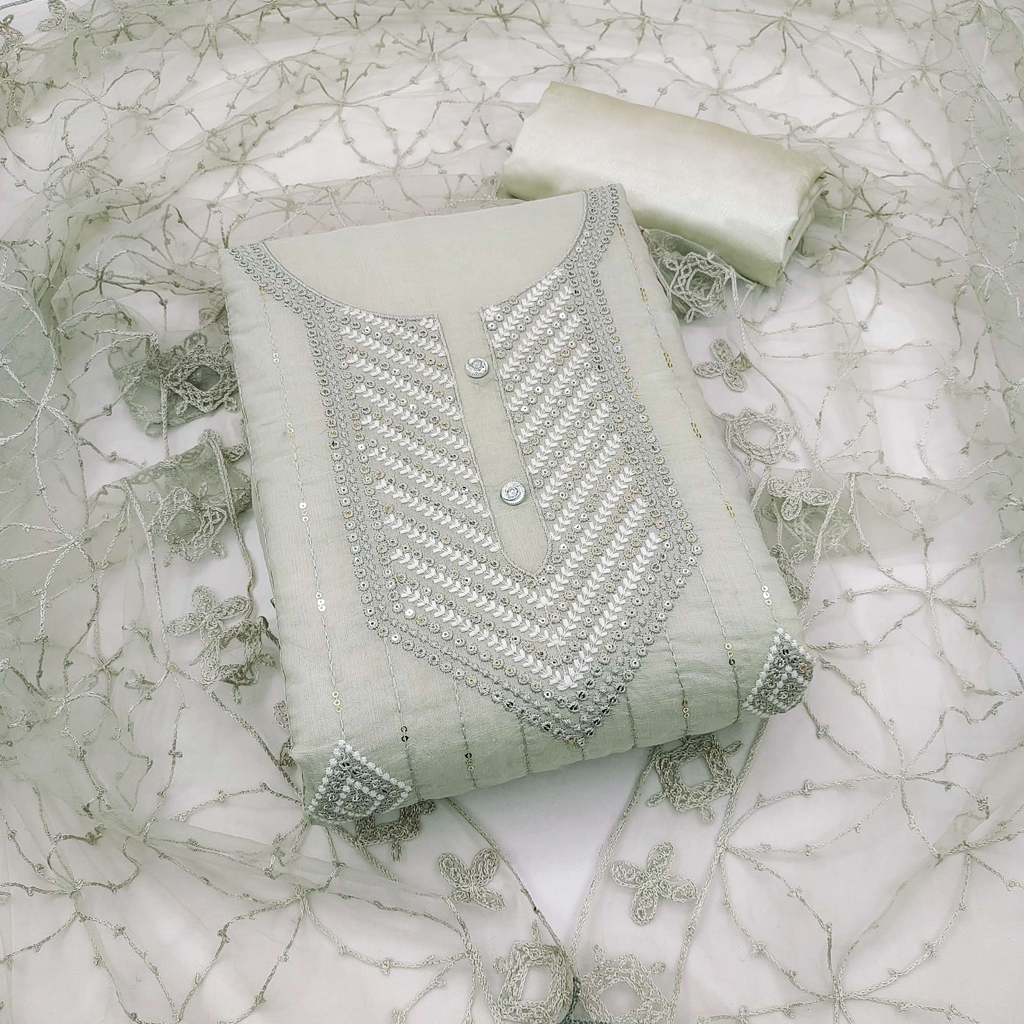 Grey Sequins Embroidered Chanderi Dress Material