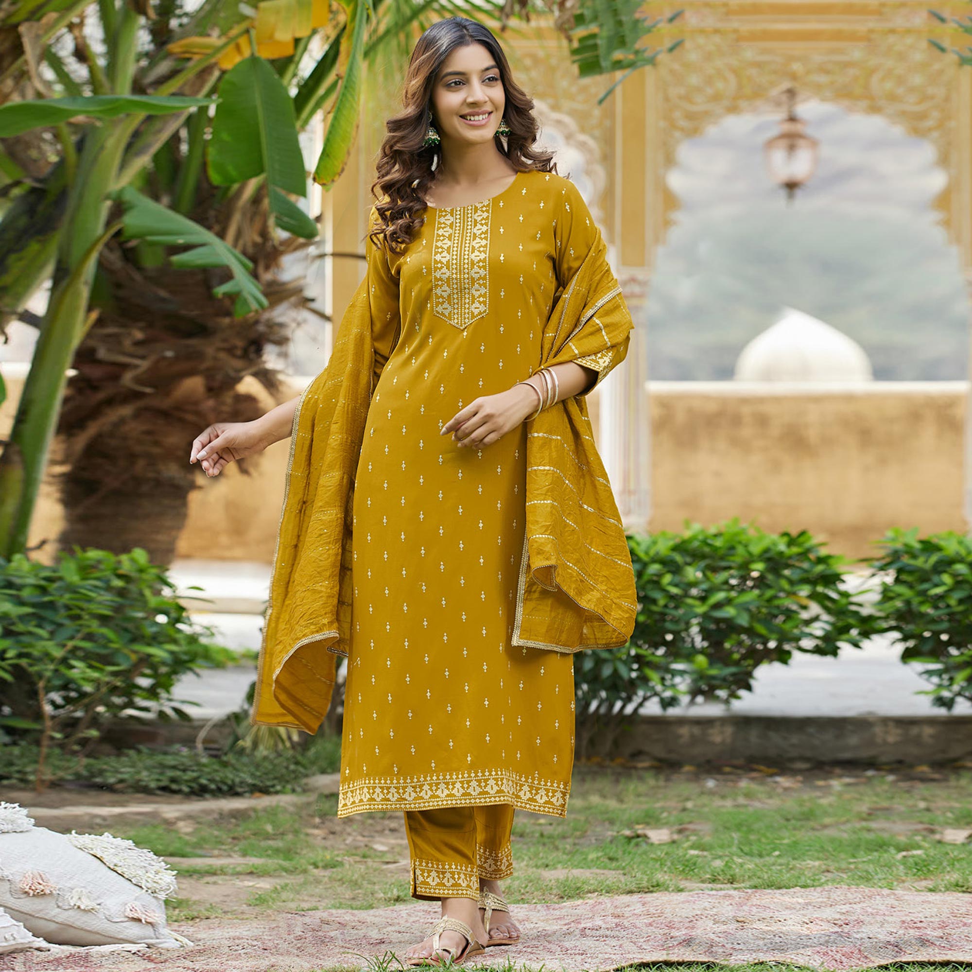 Mustard Embroidered Cotton Salwar Suit