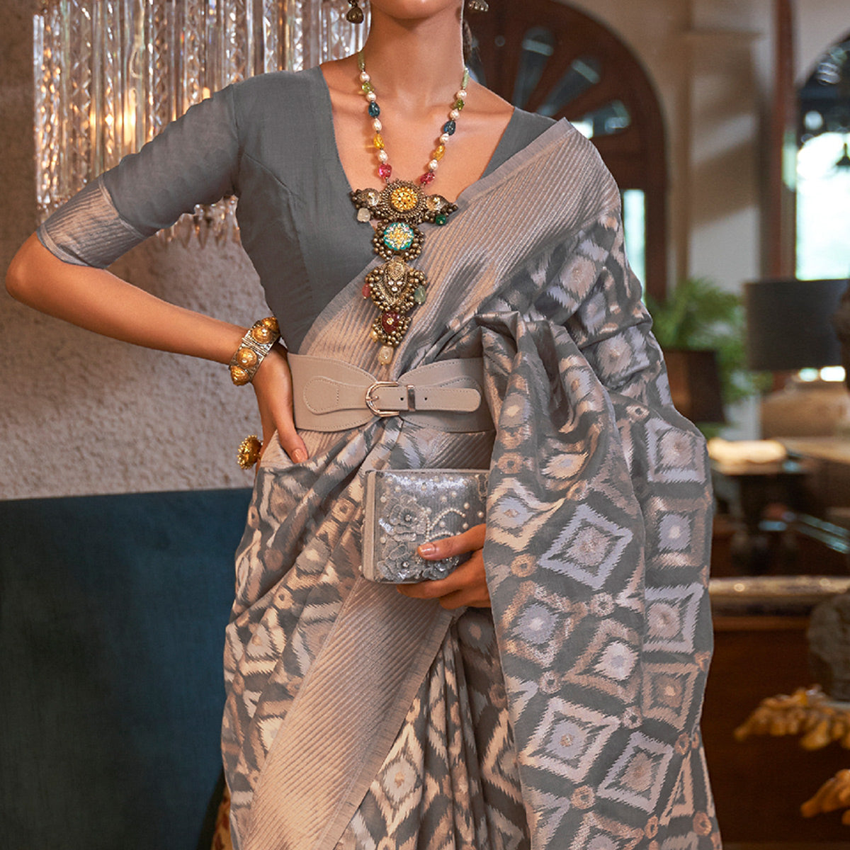 Grey Woven Art Silk Saree