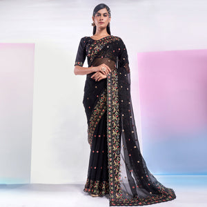 Black Floral Embroidered Georgette Saree