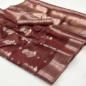 Brown Floral Woven Organza Saree