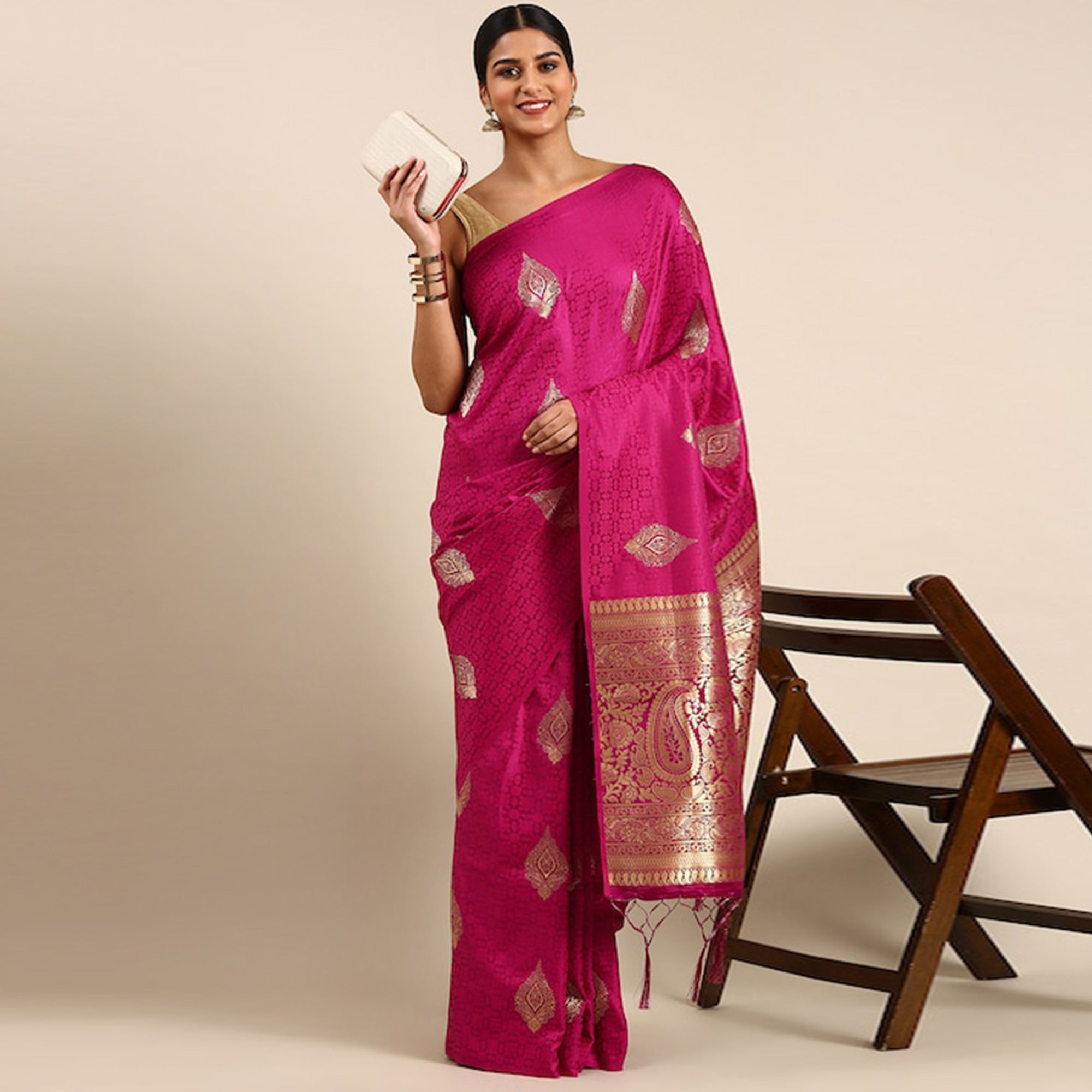 Pink Woven Kanjivaram Silk Saree WithTassels