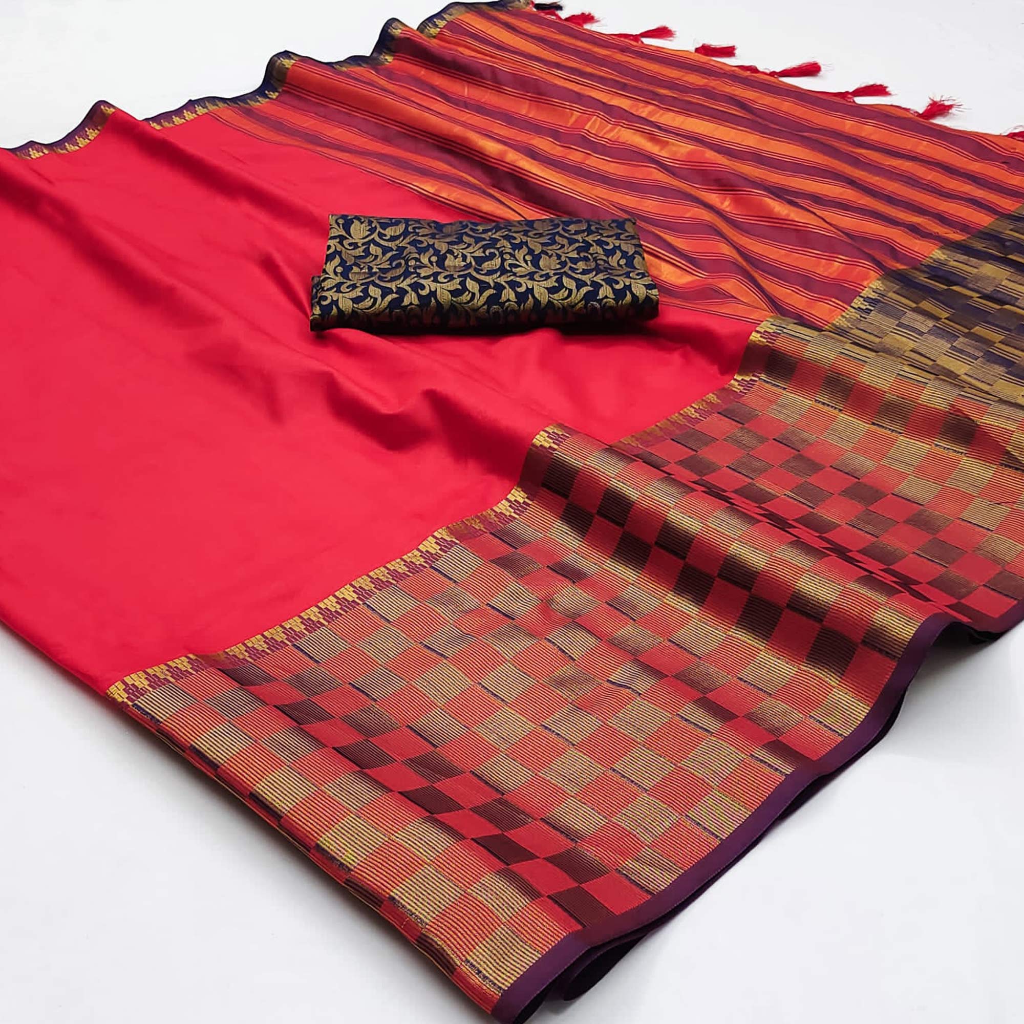 Red Woven Cotton Silk Saree With Tassels