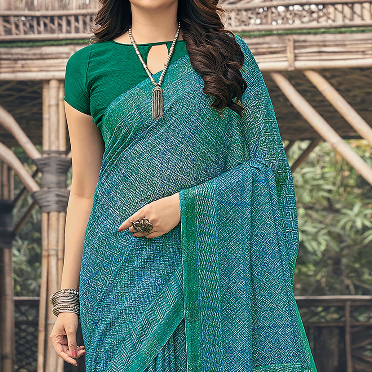 Green & Blue Printed Chiffon Saree