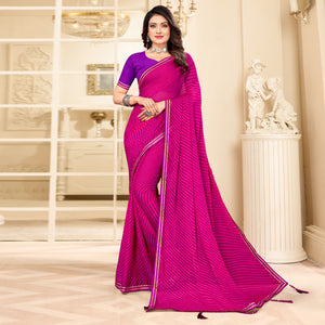 Magenta Pink Digital Striped Printed Chiffon Saree With Tassels