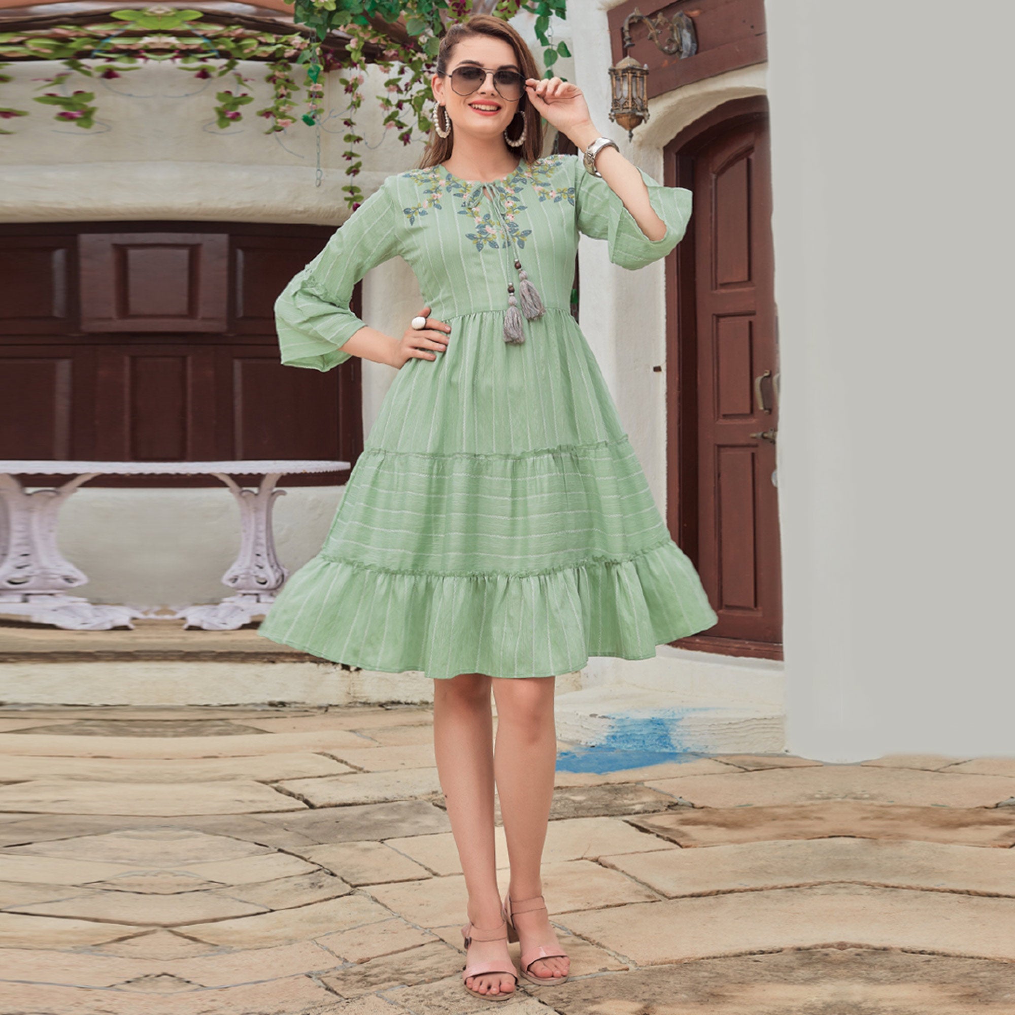 Green Floral Embroidered Rayon Dress