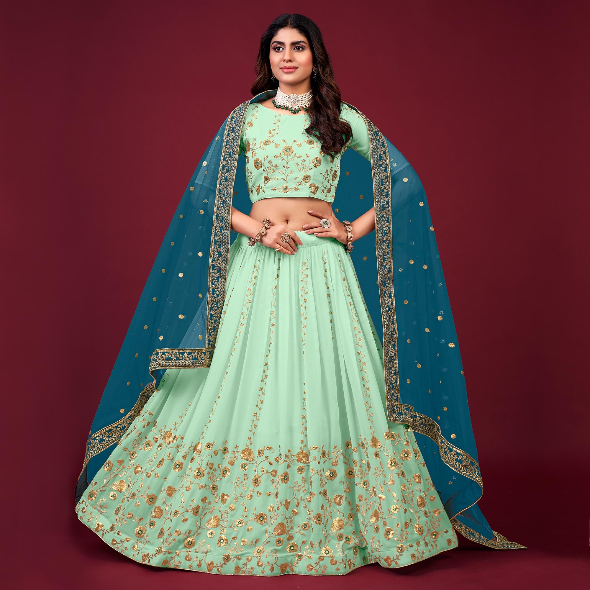 Sea Green Embroidered Georgette Lehenga Choli