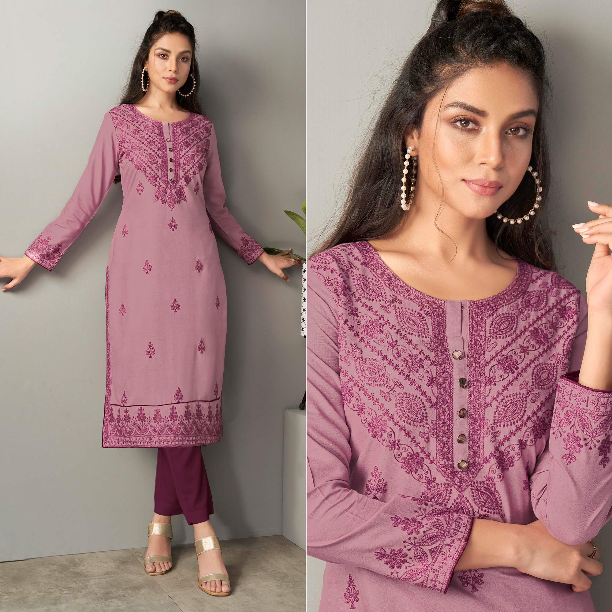 Mauve Lucknowi Embroidered Rayon Kurti