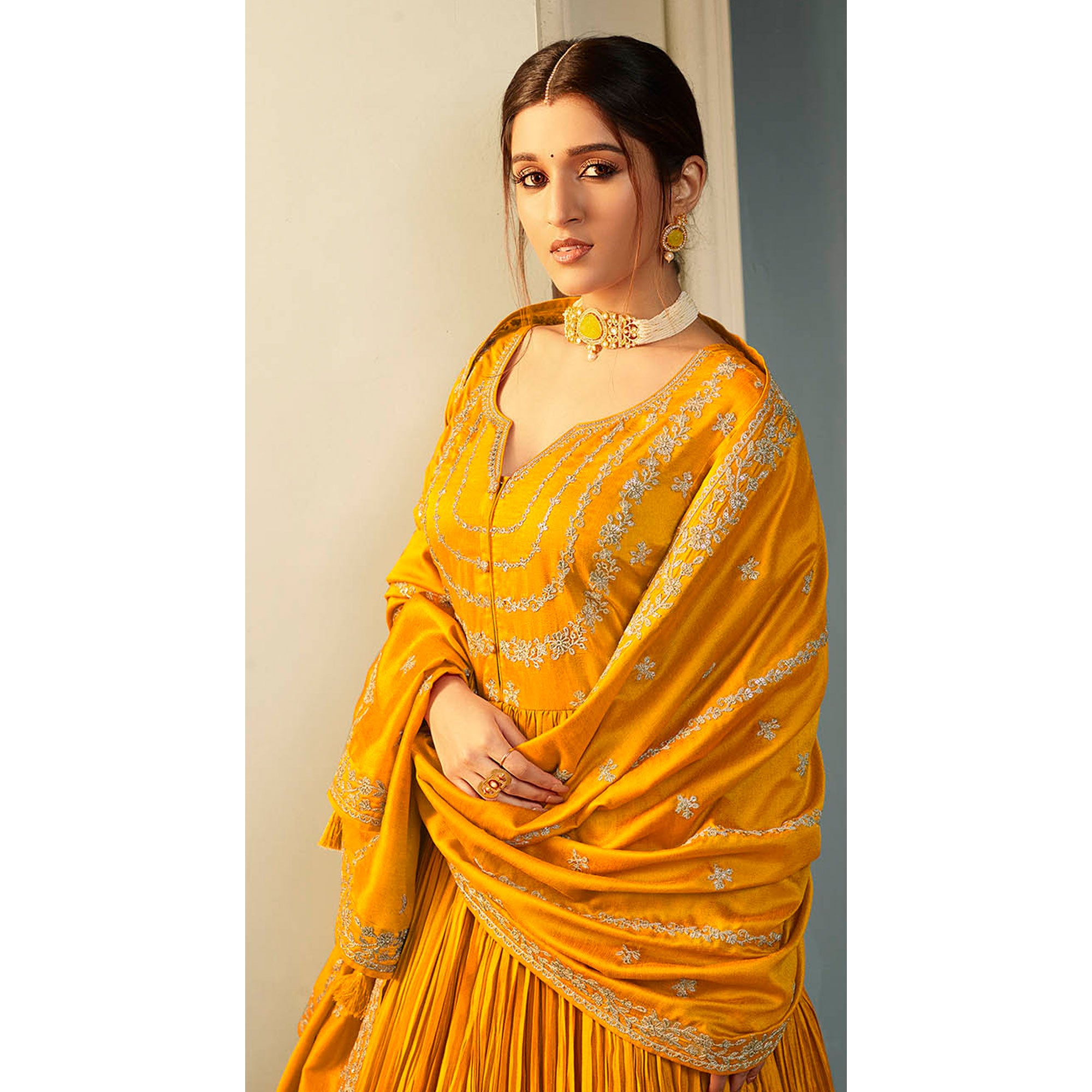 Mustard Embroidered Georgette Gown