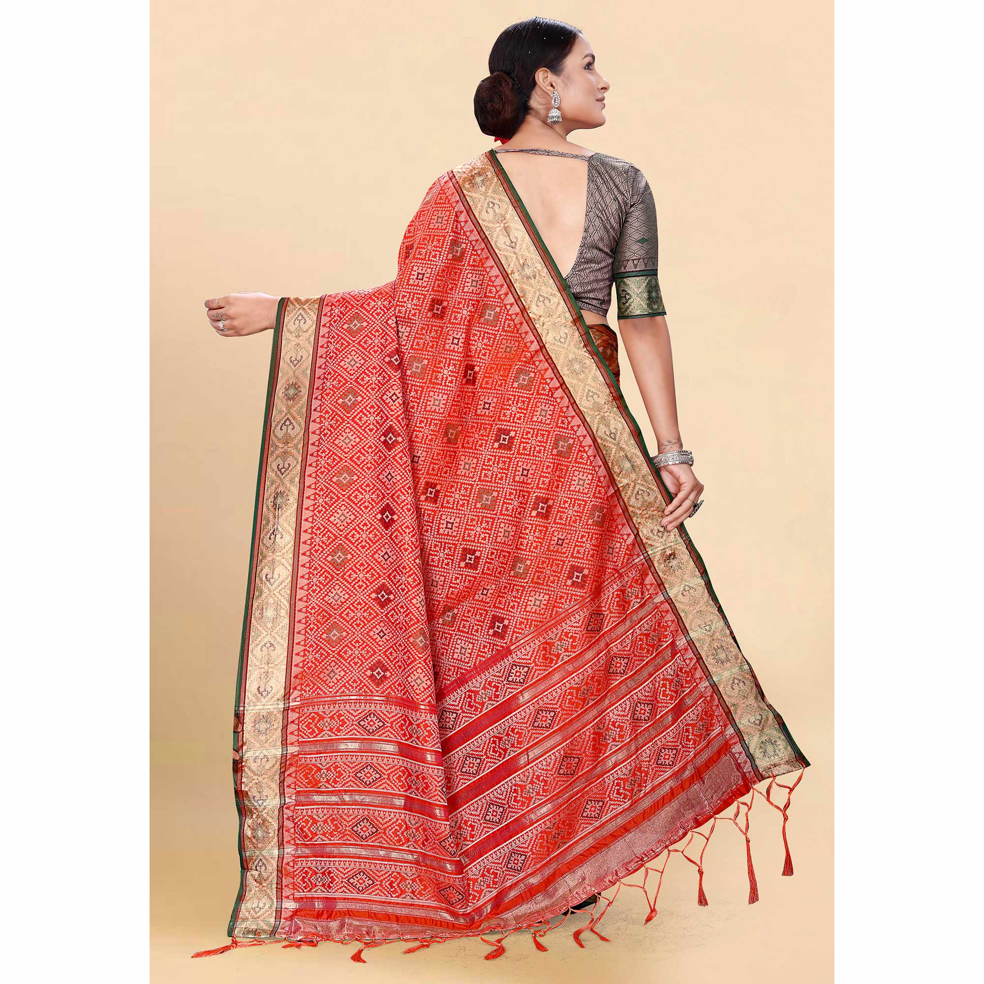 Red Woven Patola Art Silk Saree With Tassels