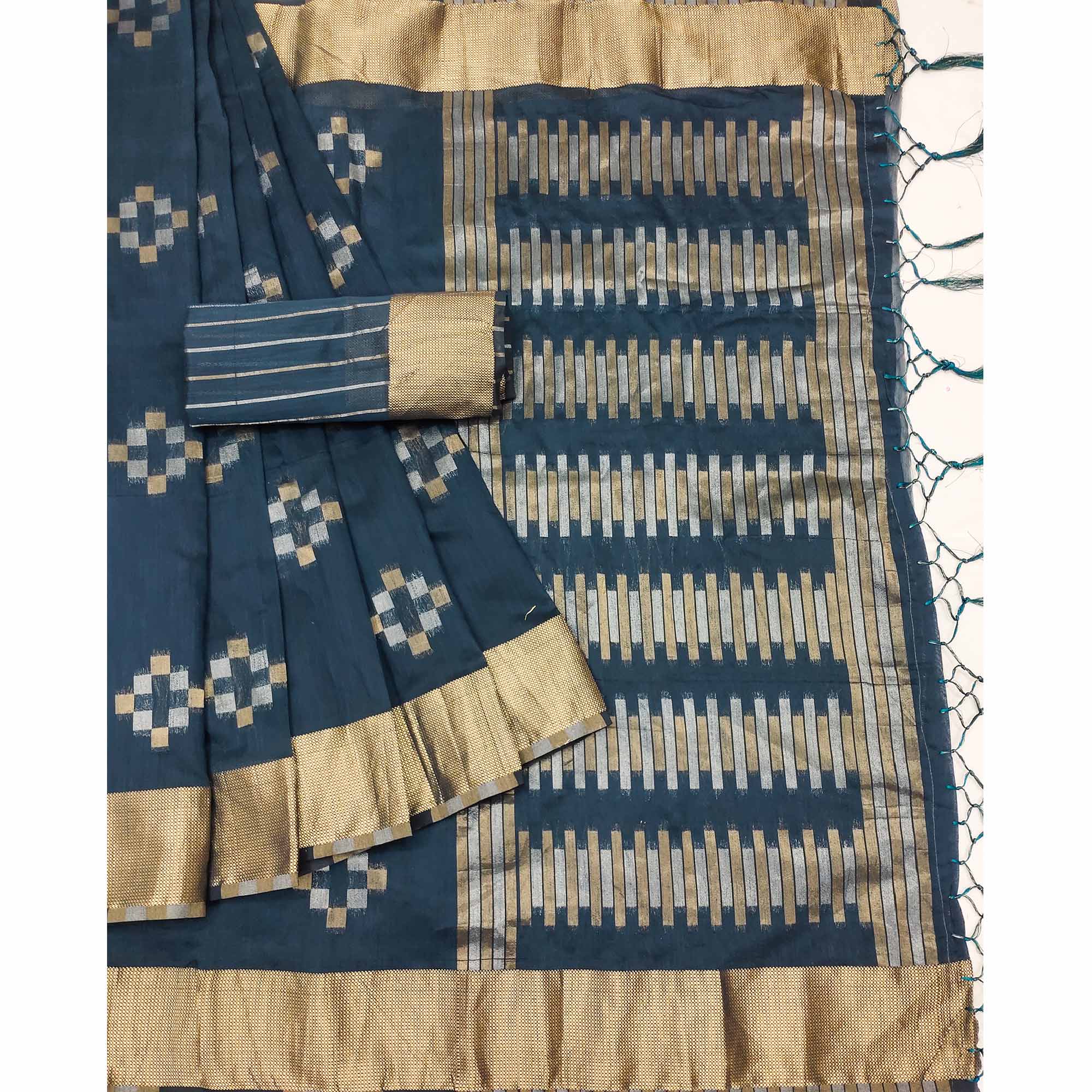 Blue Woven Khaadi Saree With Tassels