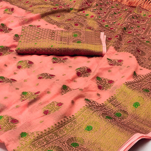 Peach Woven Cotton Blend Saree With Tassels