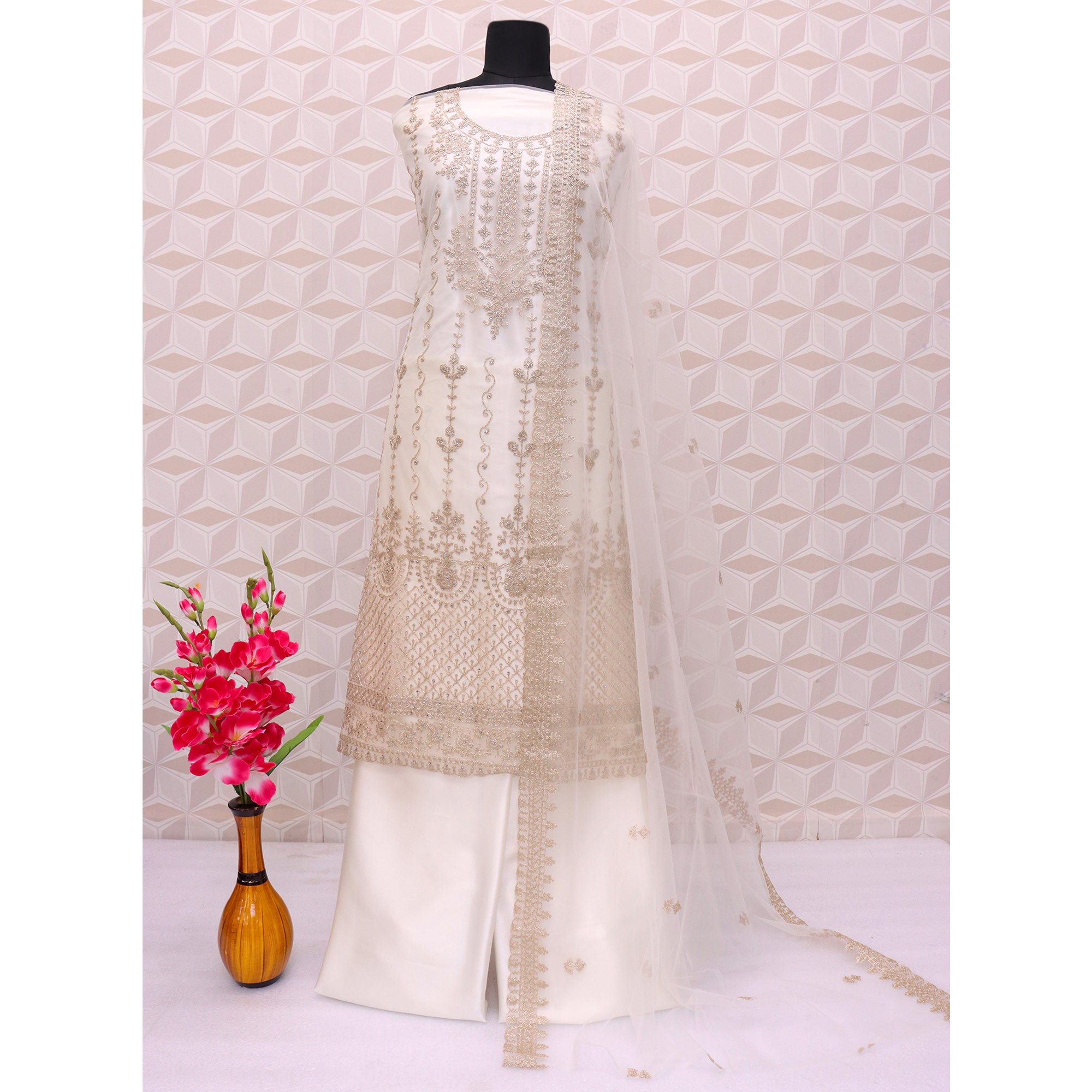 White Floral Embroidered Netted Pakistani Suit