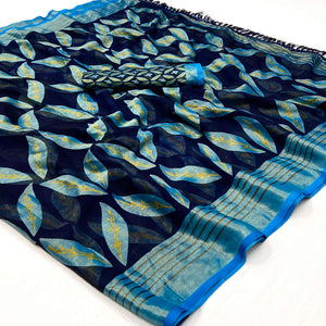 Blue Floral Digital Printed Georgette Saree With Tassels