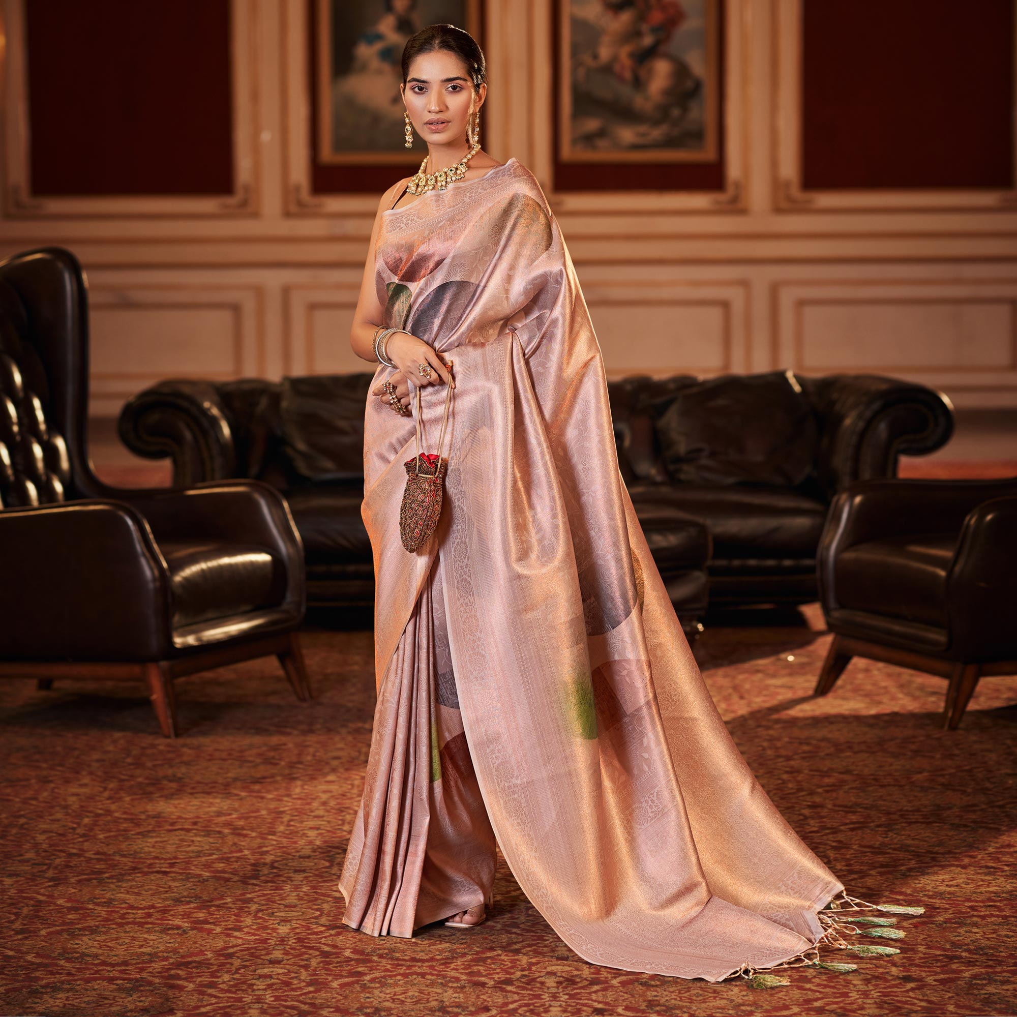 Beige Woven Jacquard Saree With Tassels